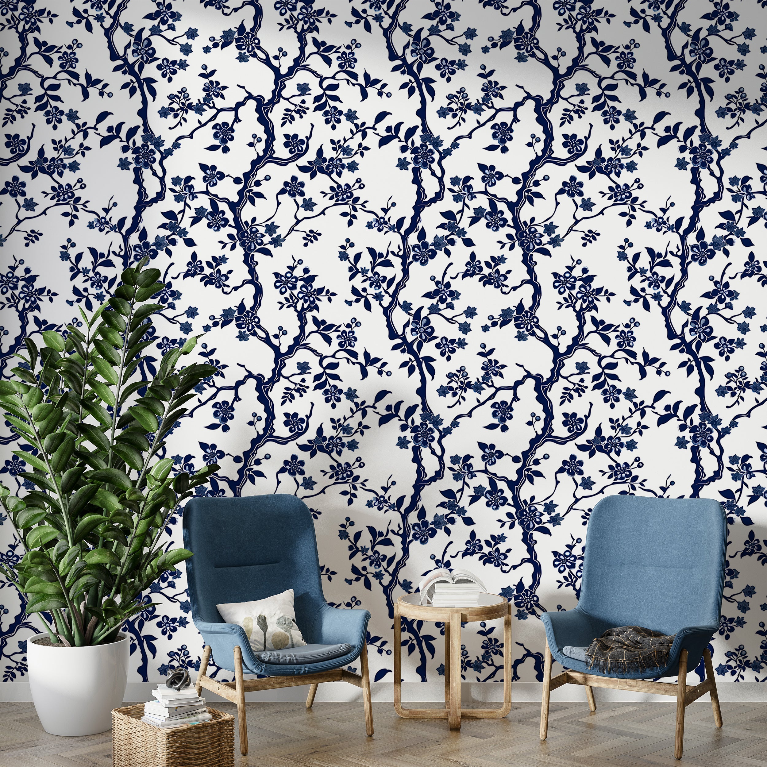 Blue Branches with Leaves and Flowers Wallpaper, Peel and Stick Blossom Tree Wallpaper, Blue and White Botanical, Chinoiserie Floral Decor