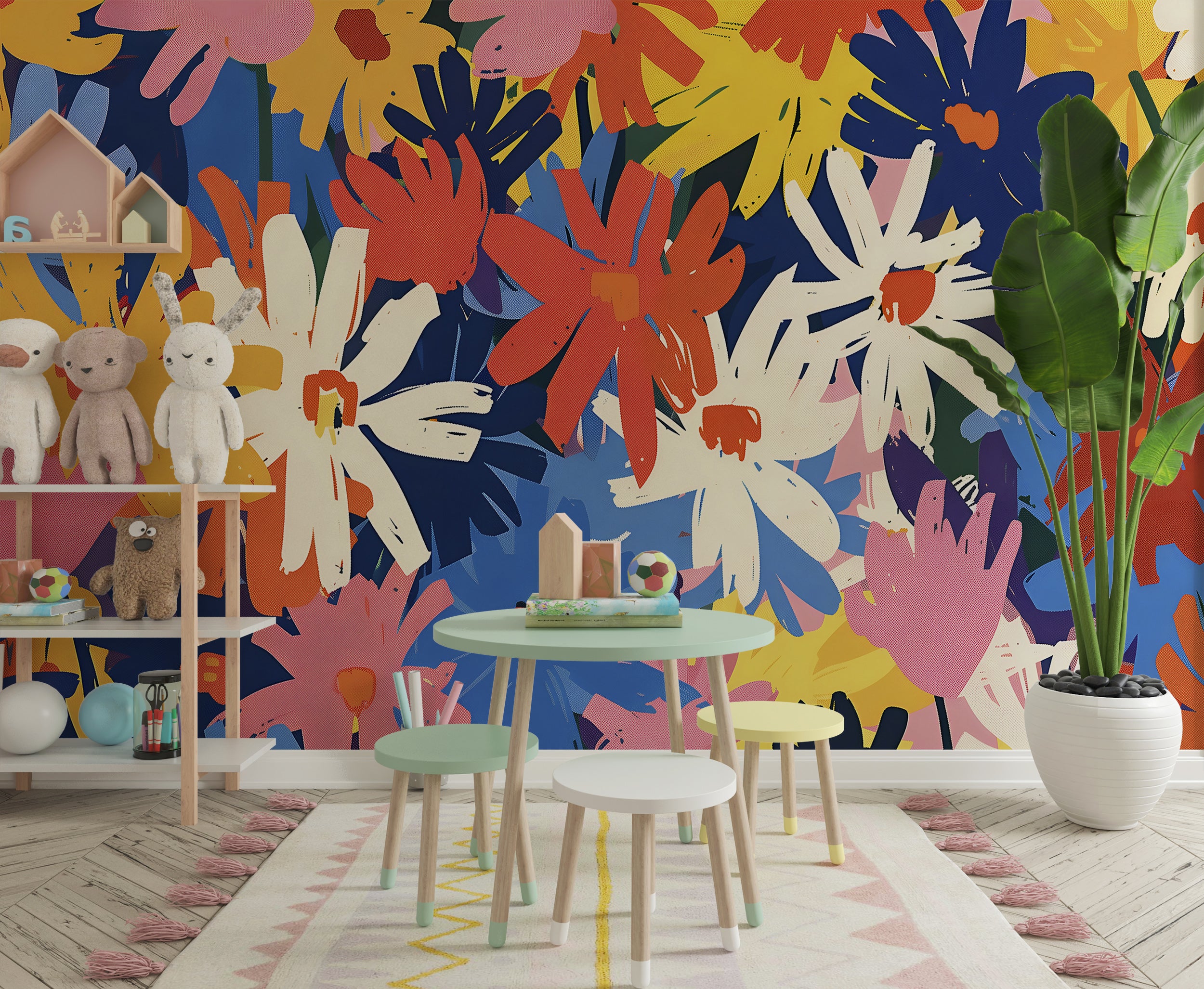 Colorful Daisies Wallpaper, Peel and Stick Abstract Floral Art, Removable Meadow Flowers Wall Mural, Nursery Colorful Botanical Wall Decor