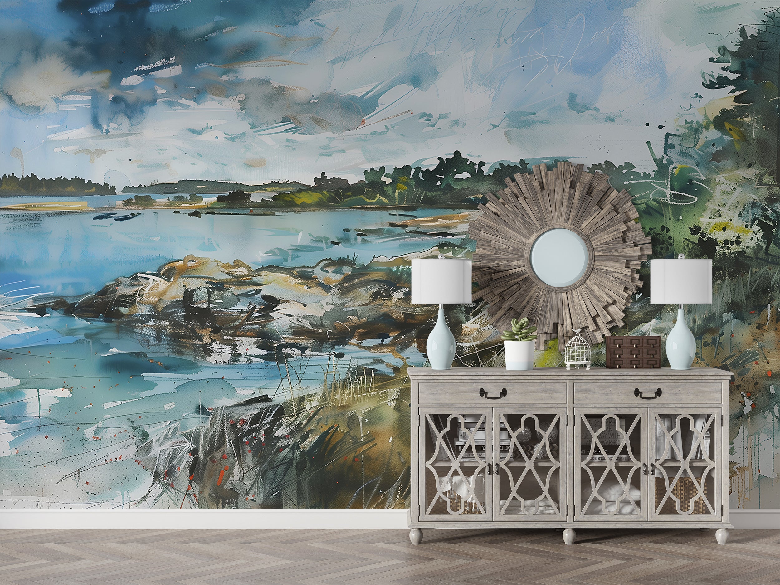 Lake Landscape Painting Wall Mural, Watercolor Scenic Wallpaper, Peel and Stick Abstract Nature Mural, Removable Oil Painting Style Nature Art