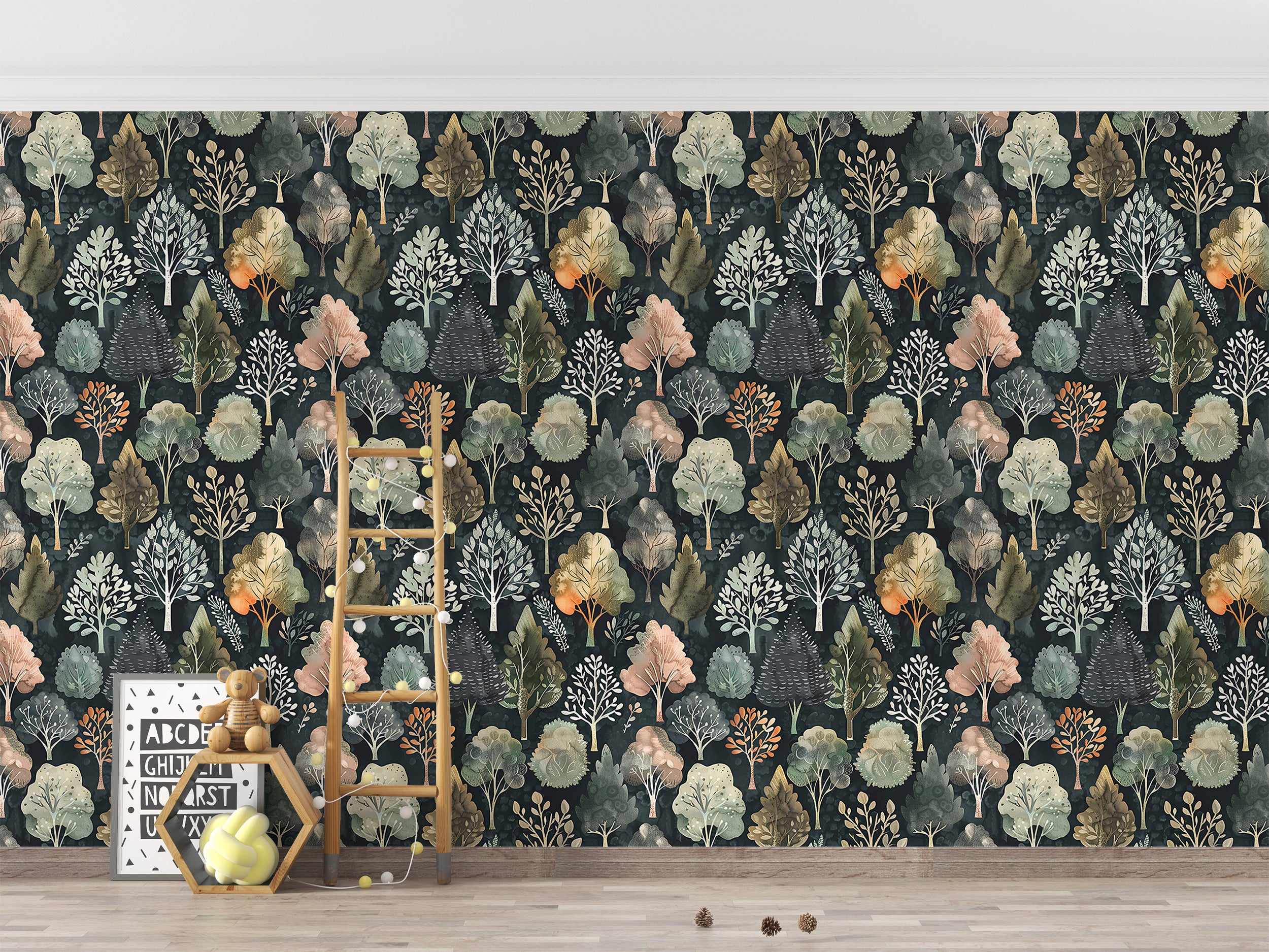 Pine Trees Wallpaper, Peel and Stick Tree Pattern Wallpaper, Removable Dark Green Botanical Wall Decor, Forest Wallpaper