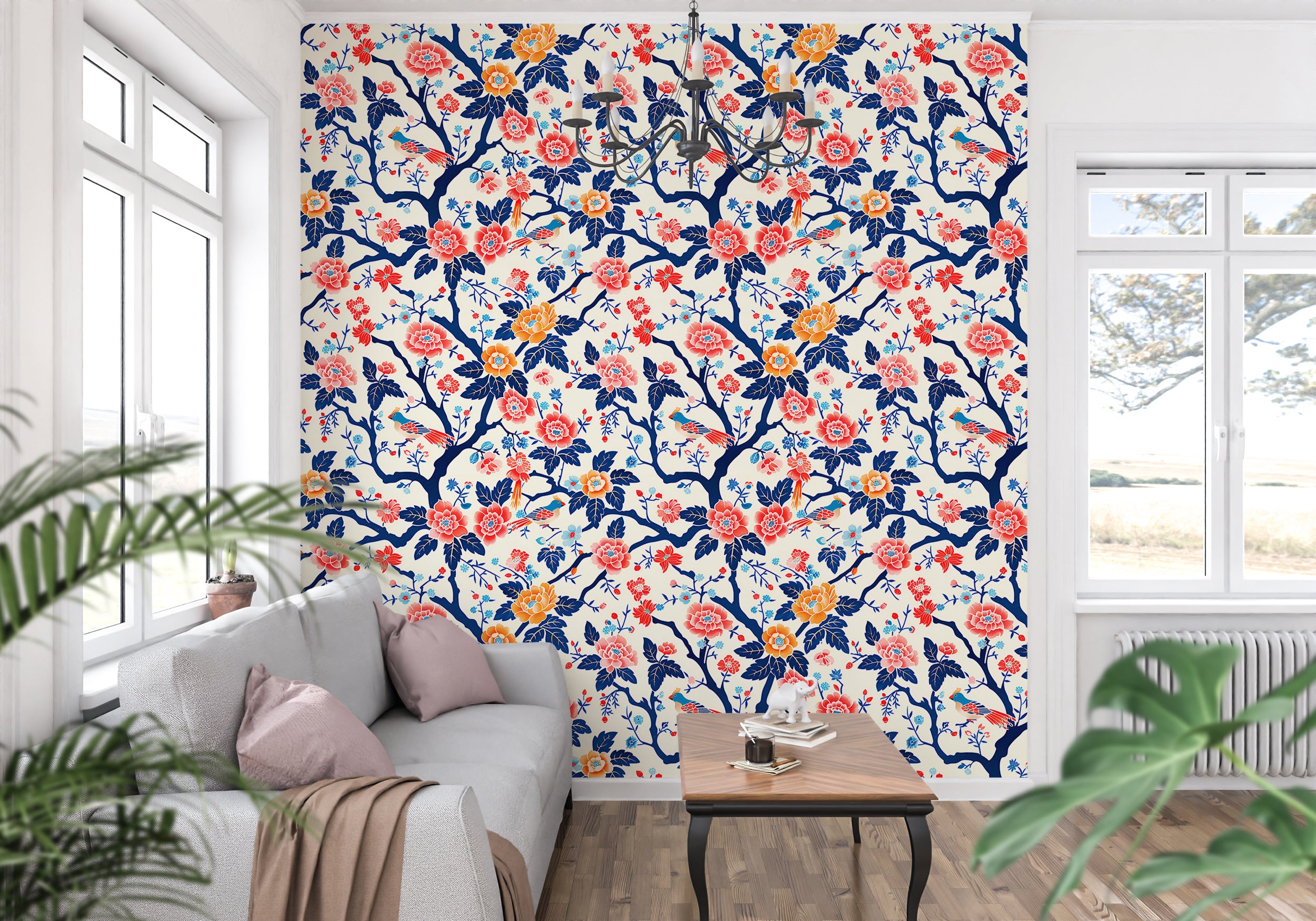 Blue White and Red Floral Wallpaper, Red and Yellow Flowers Wallpaper, Peel and Stick White Chinoiserie Wall Decor, Colorful Botanical Art