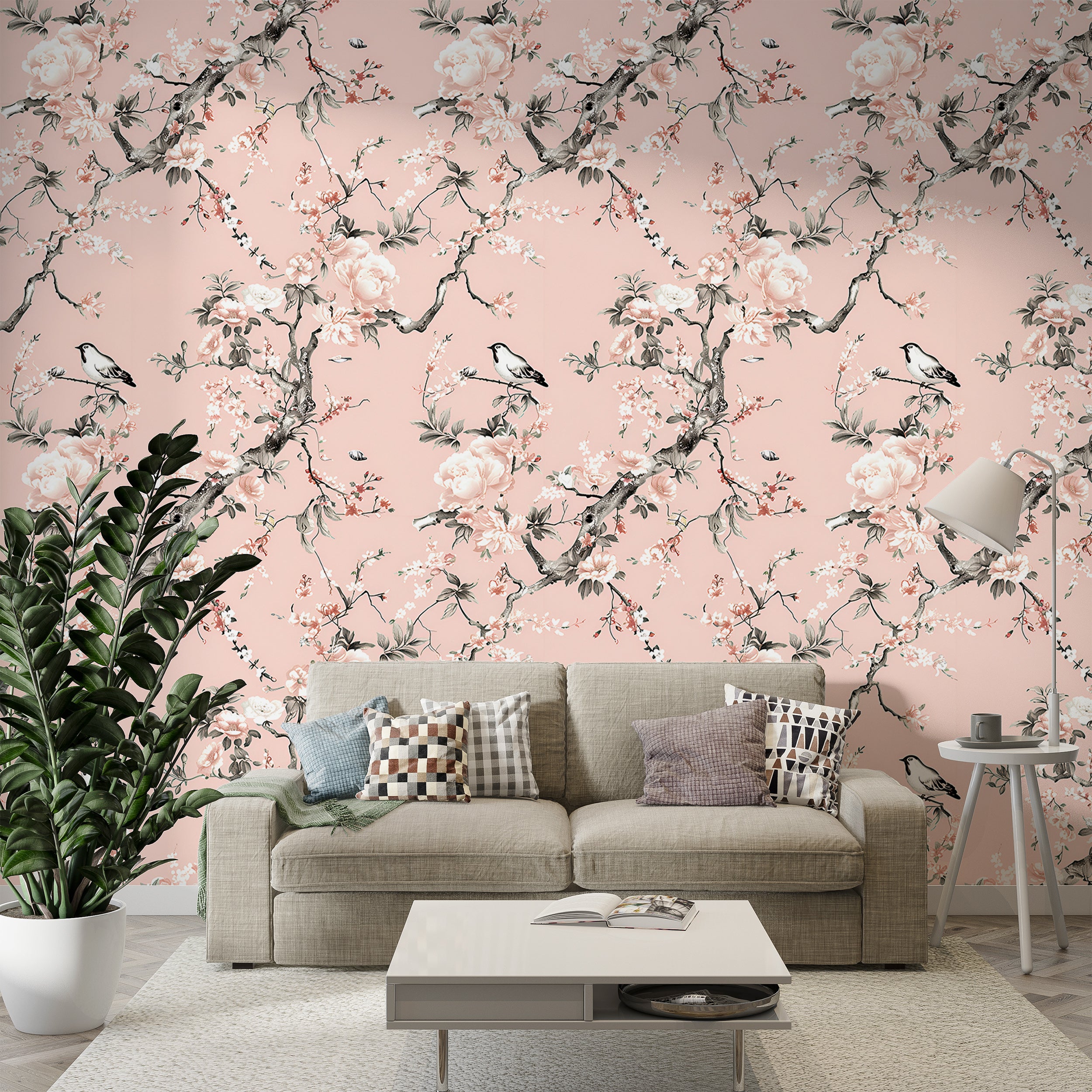 Soft Pink Chinoiserie Wallpaper, Peel and Stick Pink Floral Wallpaper, Blossom Branches Wall Decor, Removable Pink Botanical Wallpaper