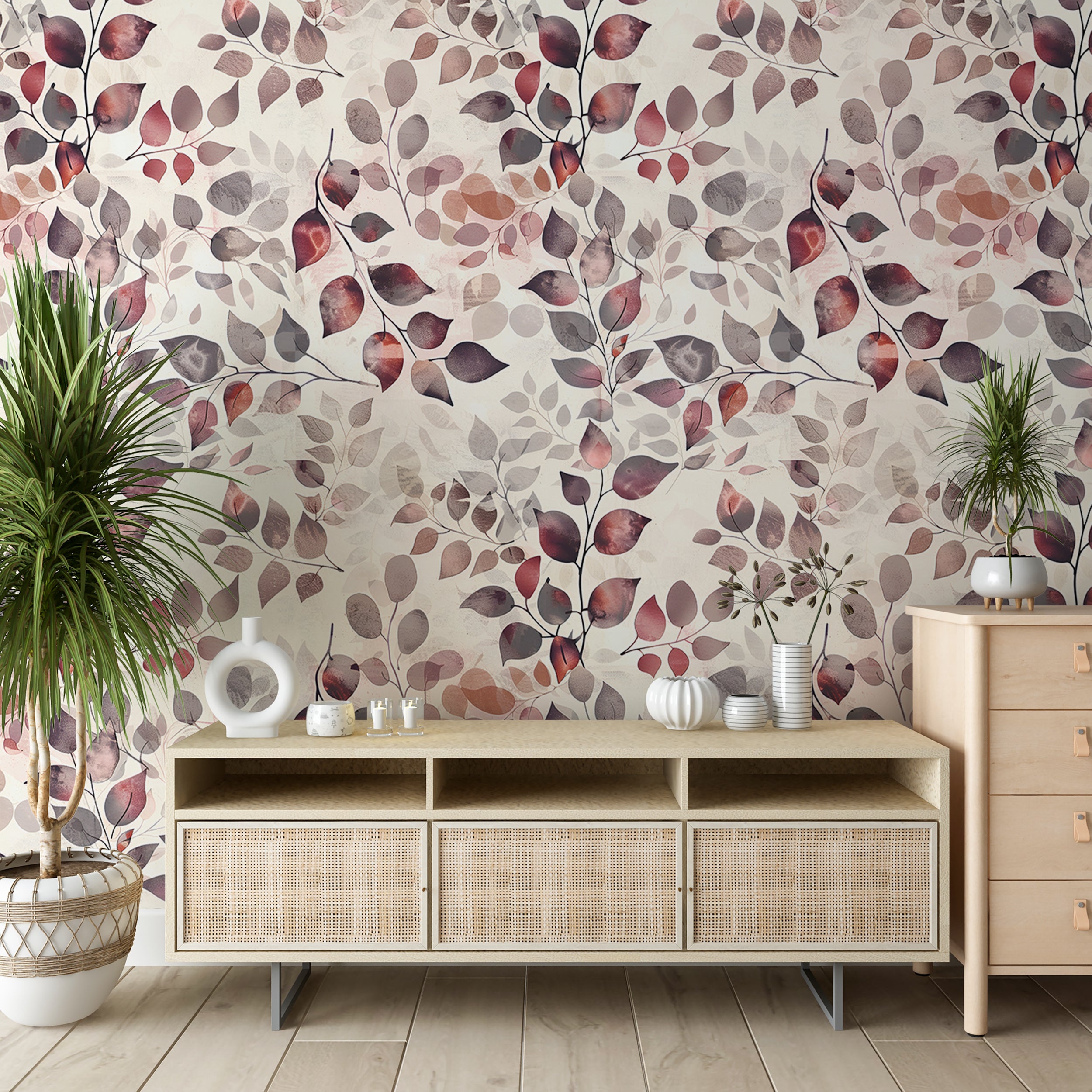 Pastel Red Leaves Wallpaper, Peel and Stick Removable Autumn Wall Decor, Soft Red Botanical Wallpaper, Watercolor Floral Wall Art