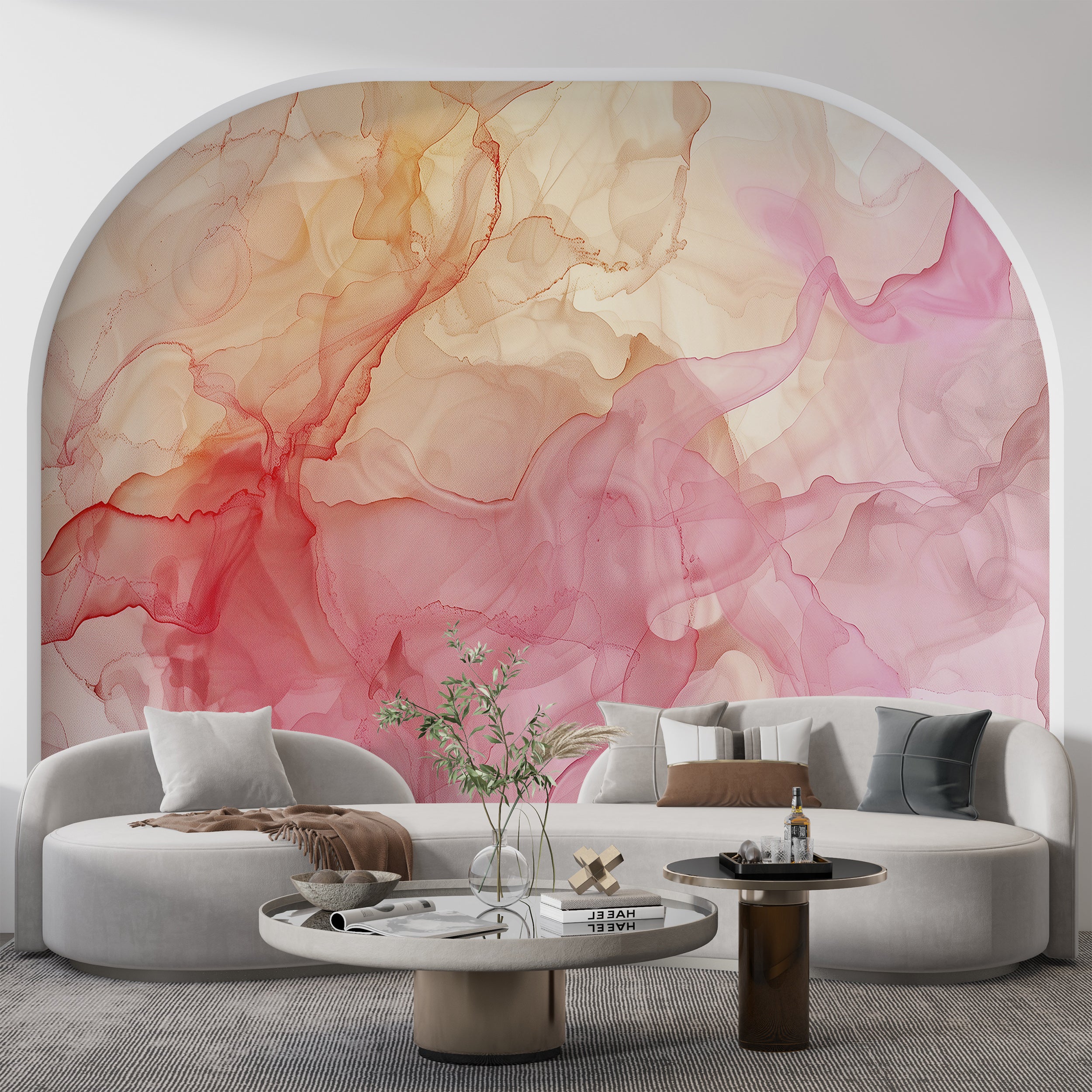 Soft Pink and Yellow Alcohol Ink Wall Mural, Peel and Stick Abstract Liquid Wallpaper, Removable Accent Wall Mural in Pastel Colors