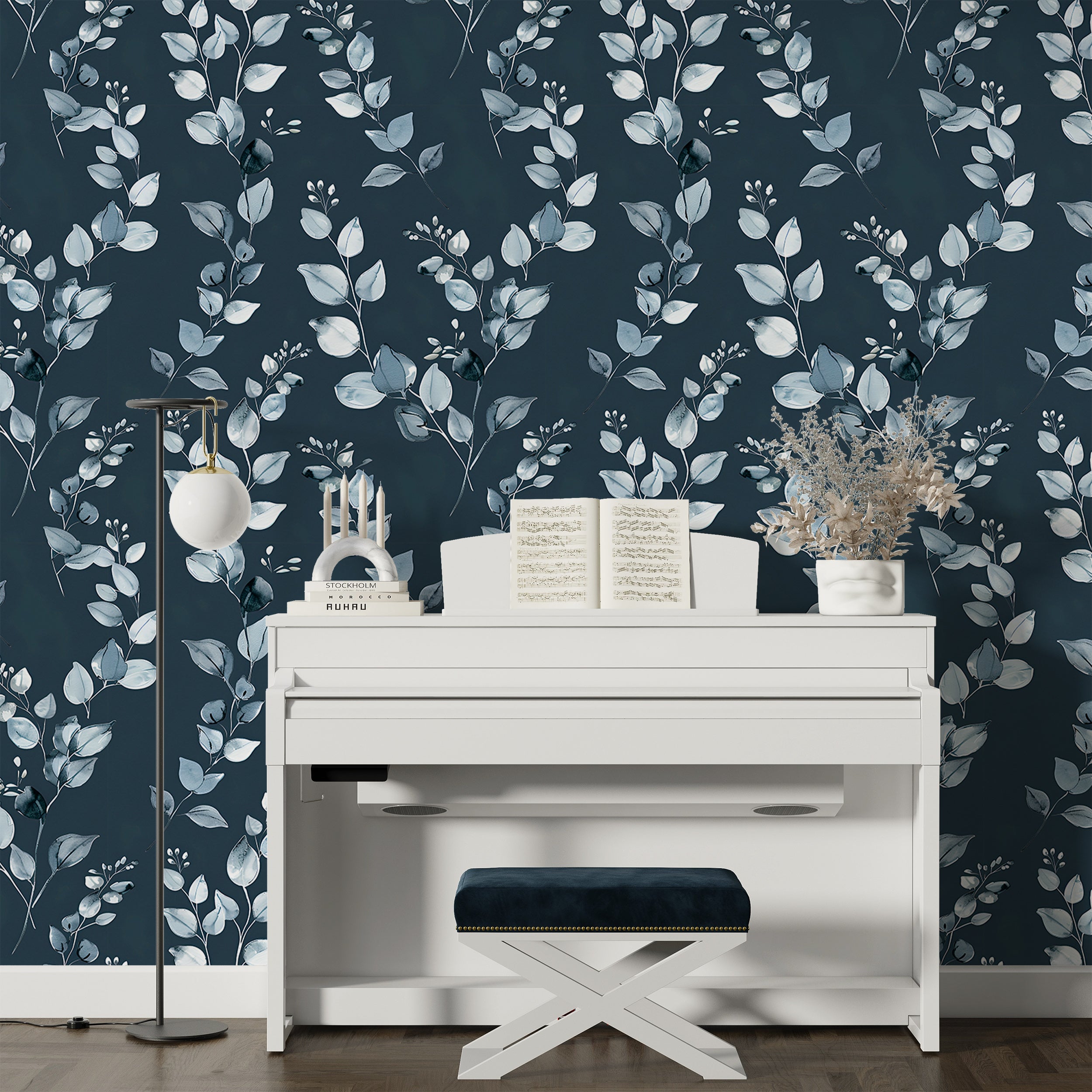 Dark Blue Botanical Wallpaper, Watercolor Grey Leaves Wallpaper, Peel and Stick Silver and Blue Wall Decor, Minimalistic Blue Leaf Pattern