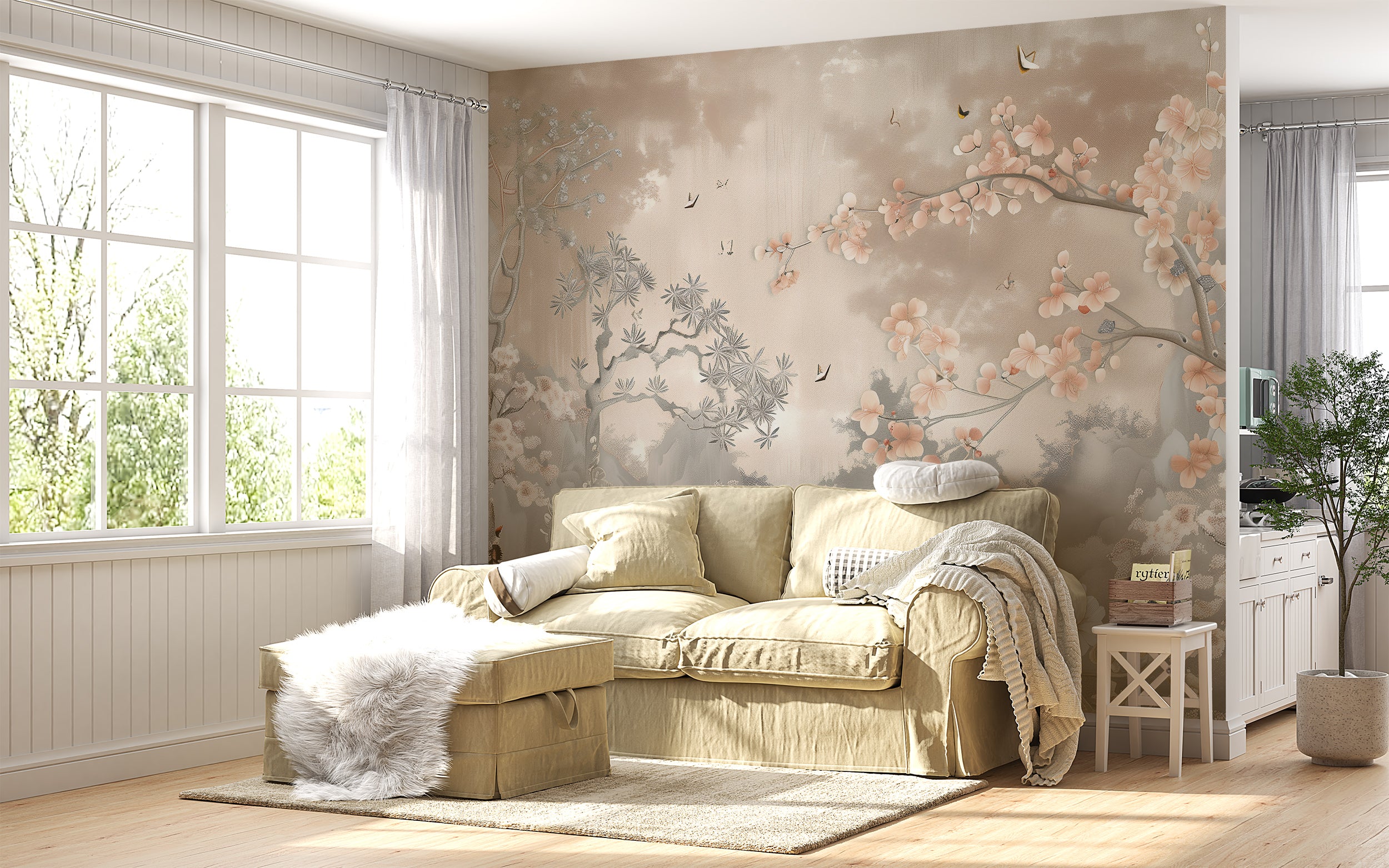 Dusty Rose Chinoiserie Wall Mural, Soft Pink Japanese Forest Mural, Peel and Stick Sakura Tree Wallpaper, Blossom Forest Wall Decor