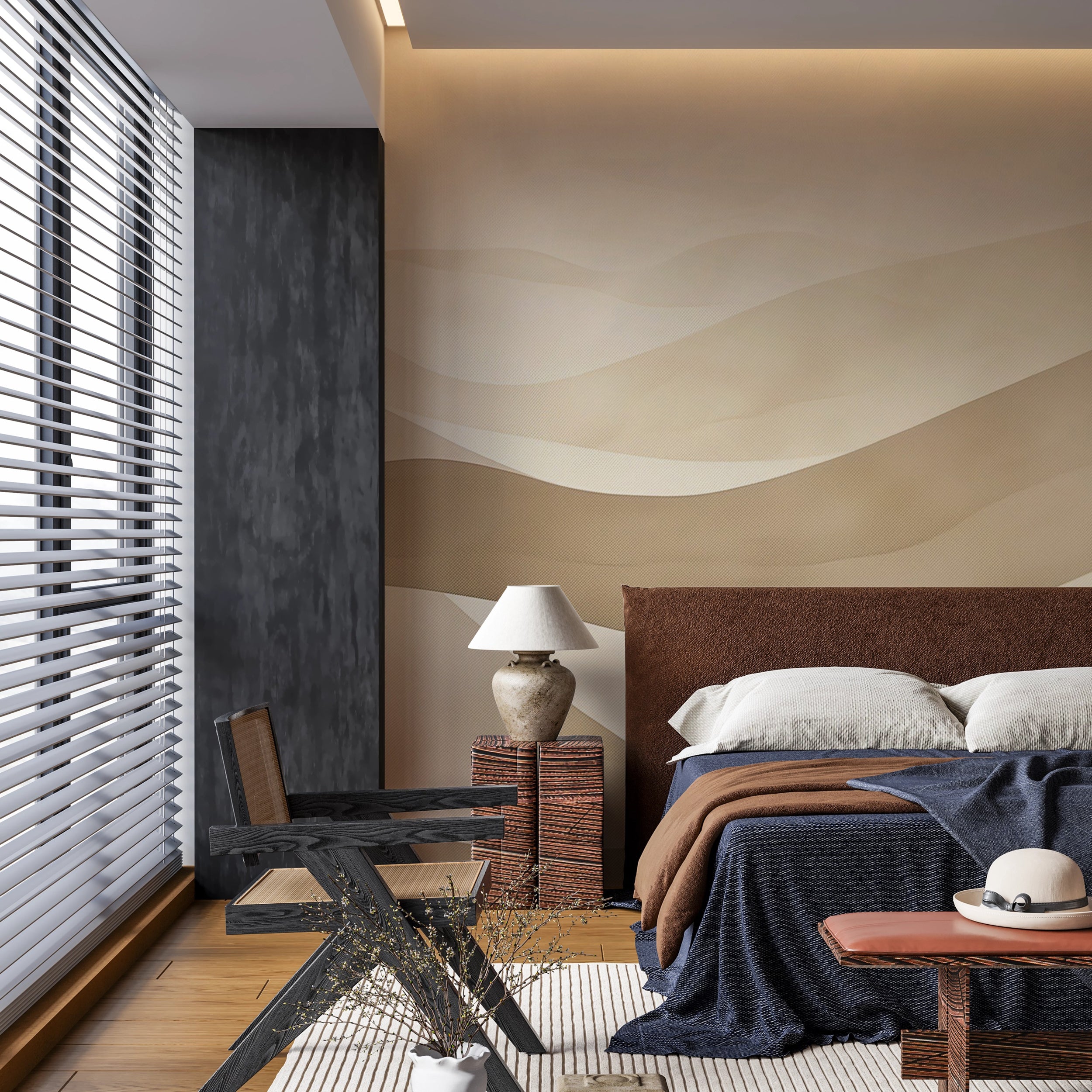 Beige Boho Wavy Wall Mural, Peel and Stick Minimalist Geometric Wallpaper, Line Wall Mural, Beige Abstract Sand Dunes Mural