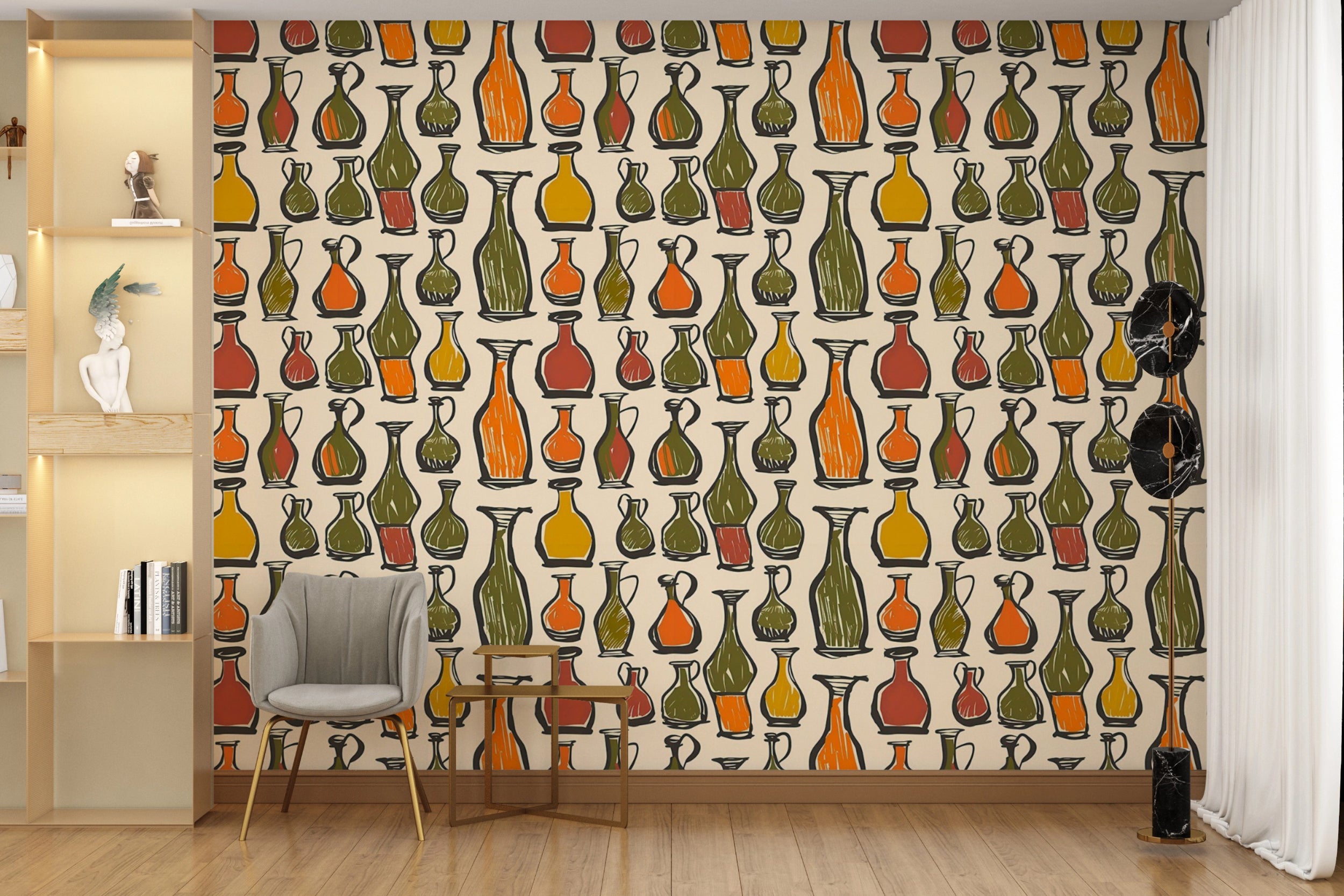 Colorful Vases and Bottles Wallpaper, Peel and Stick Abstract Accent Wallpaper, Green and Orange Modern Art