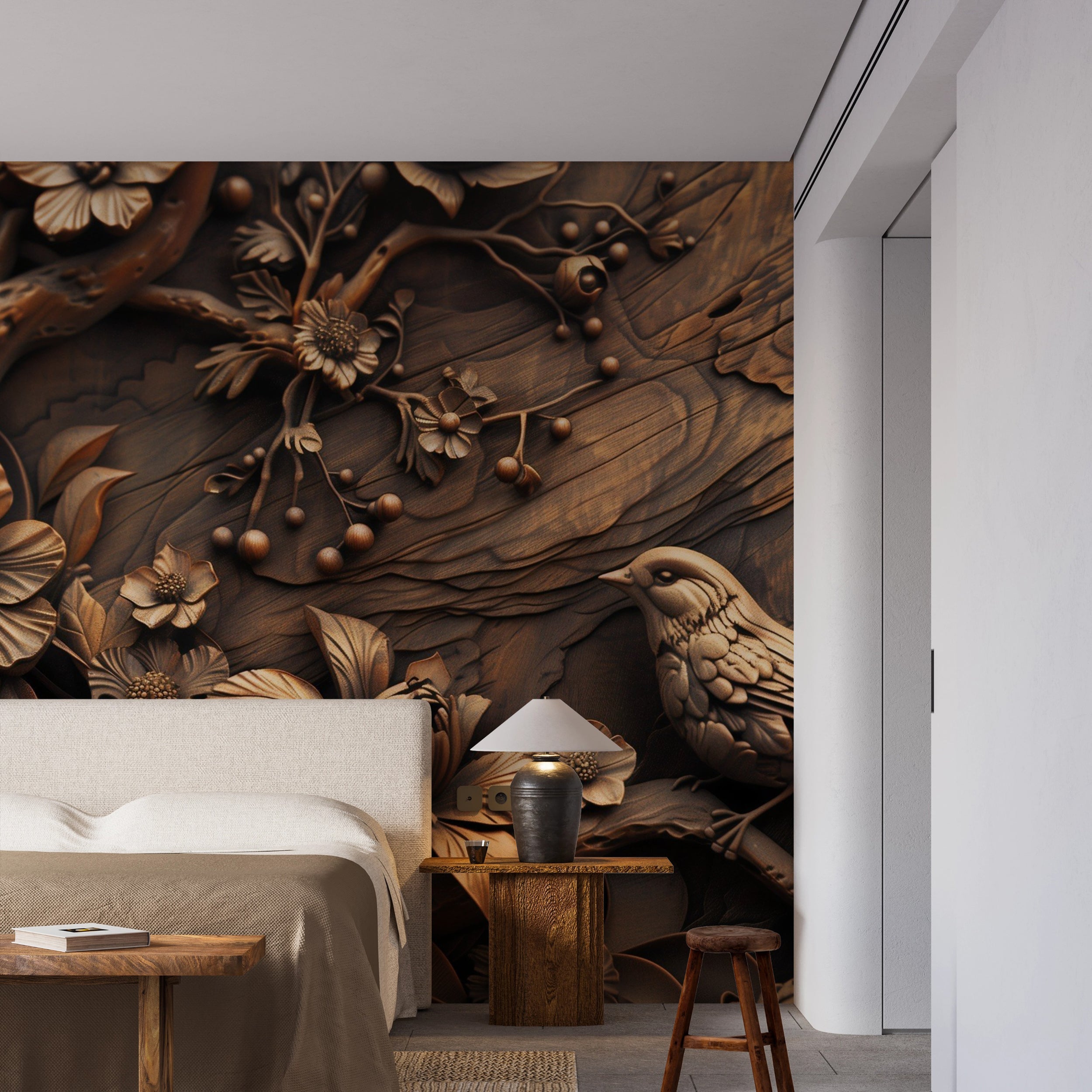 Wood Carving Style Wall Mural, Peel and Stick Wooden Look Wallpaper, Dark Brown Chinoiserie Wall Art, Bird and Flowers Removable Decor