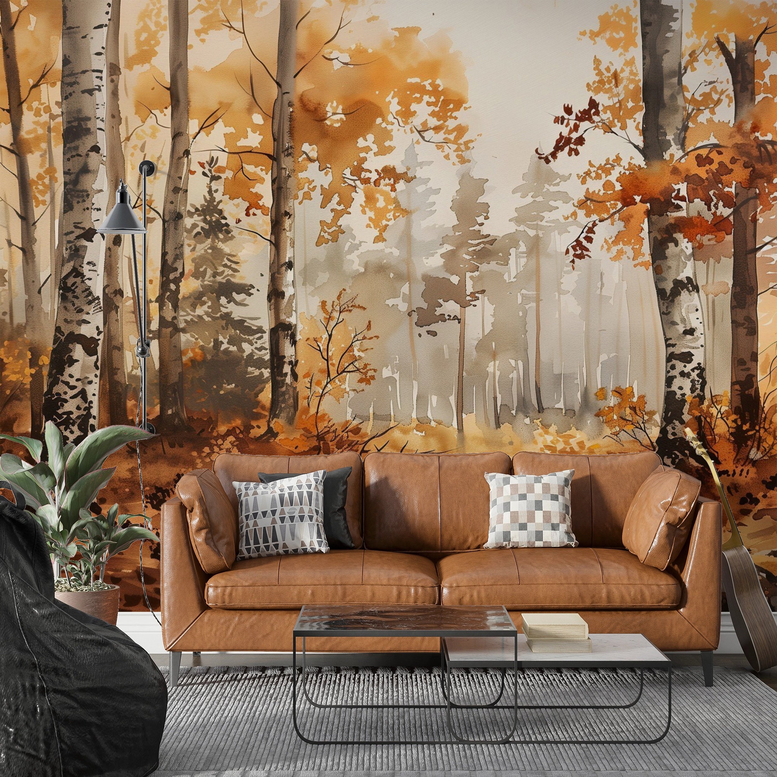 Birch Grove Wall Mural, Autumn Forest Wallpaper, Peel and Stick Orange Forest Art, Removable Colorful Nature Wall Decor