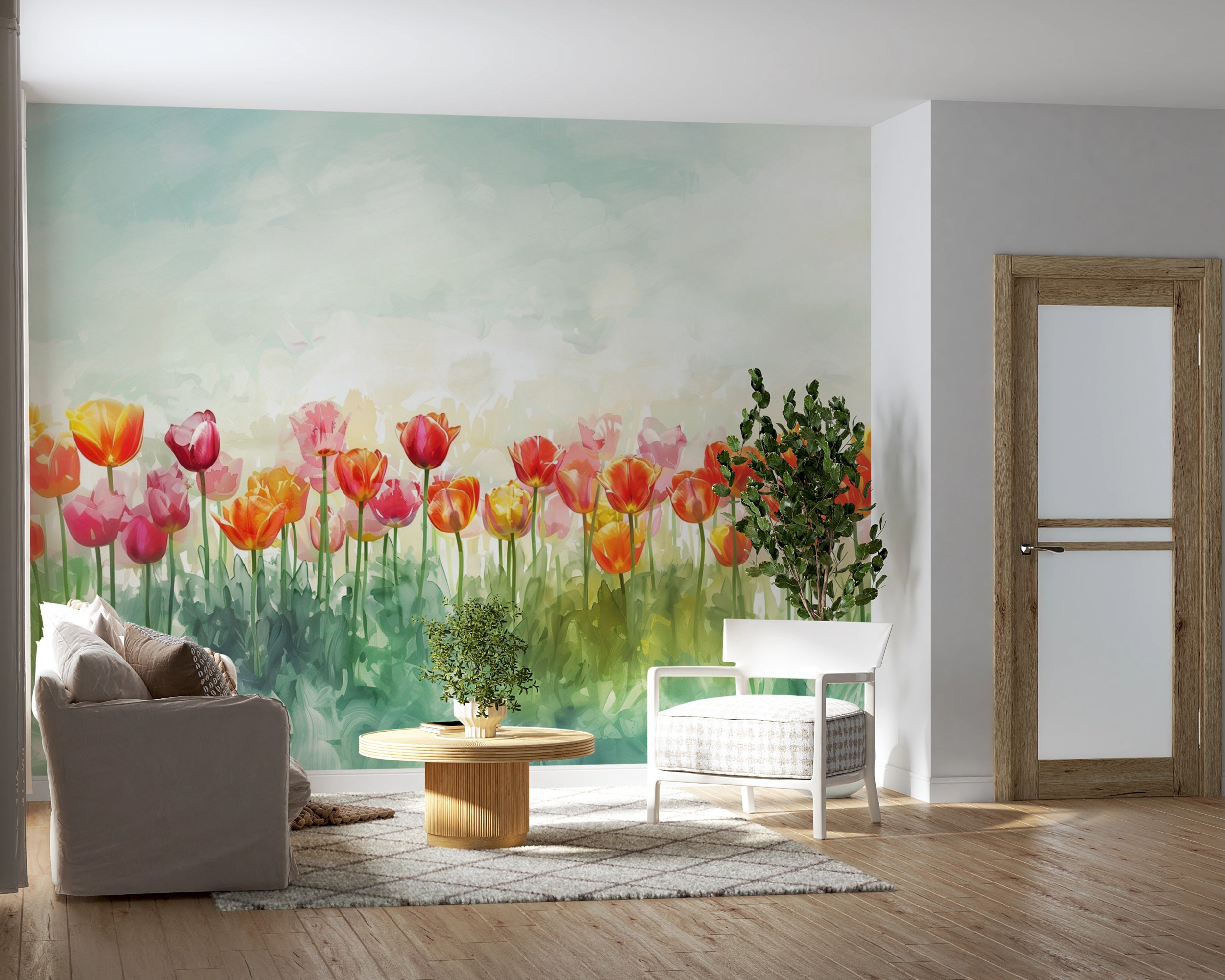 Watercolor Tulips Wall Mural, Peel and Sick Tulip Field Wallpaper, Colorful Floral Meadow Art, Large Flowers Wall Decor