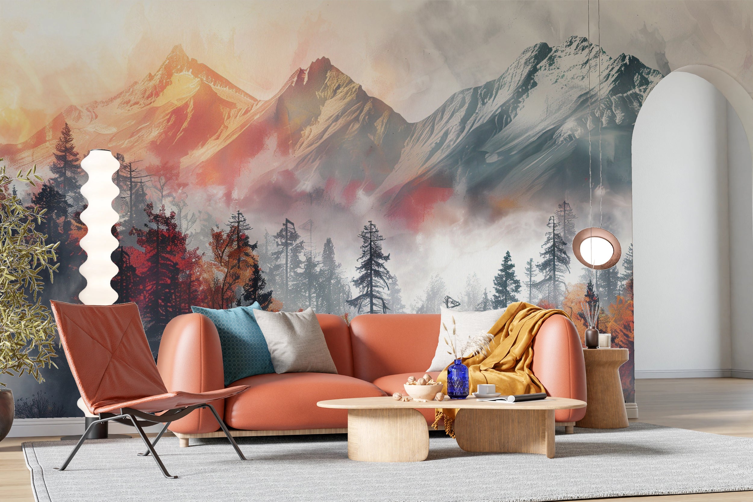 Grey and Orange Mountains and Pine Forest Wall Mural, Peel and Stick Foggy Landscape Mural, Removable Sunset Mountain Decor