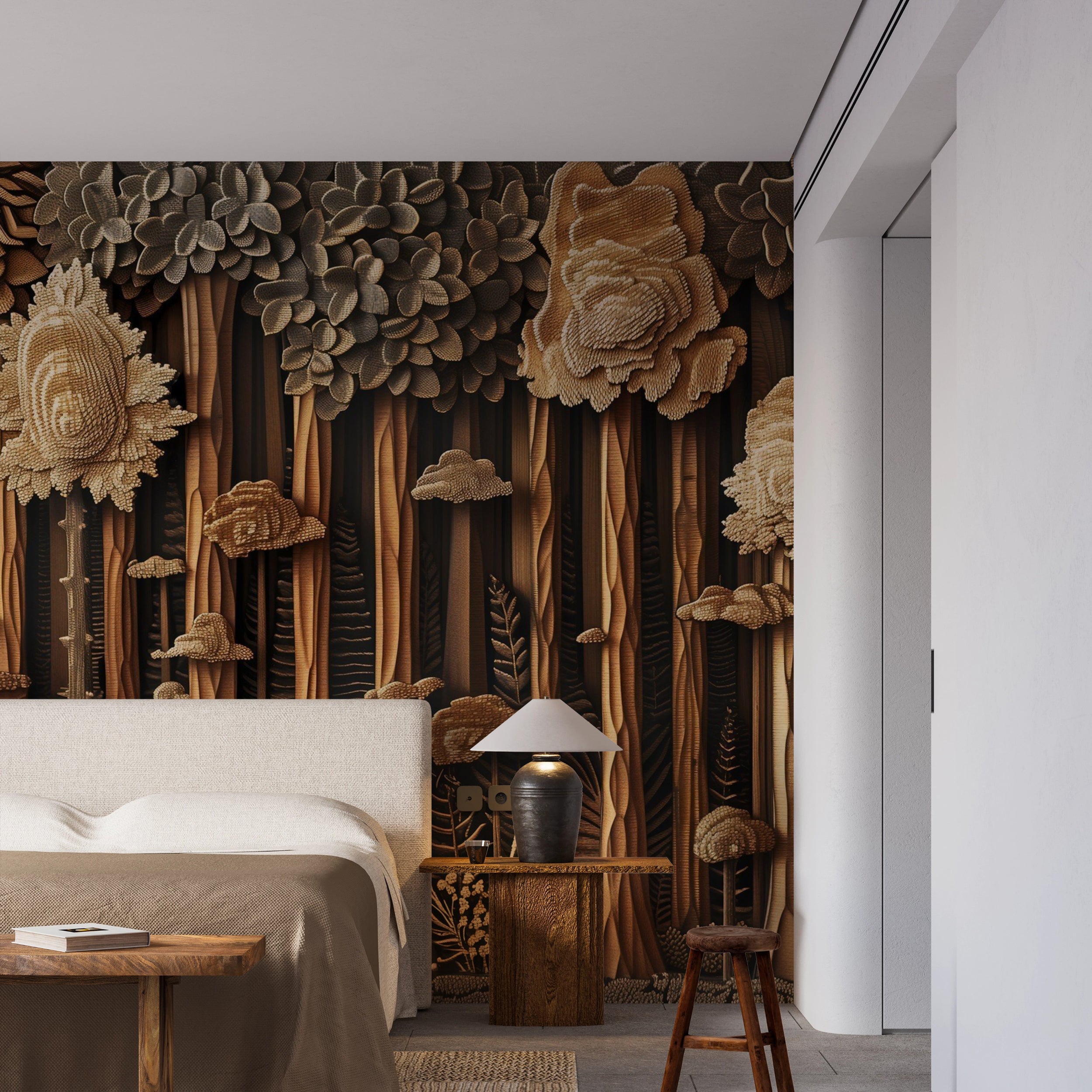 Wood Carving Style Forest Wall Mural, Peel and Stick Wooden Trees Wall Decor, Dark Brown Wooden Look Accent Wall Wallpaper