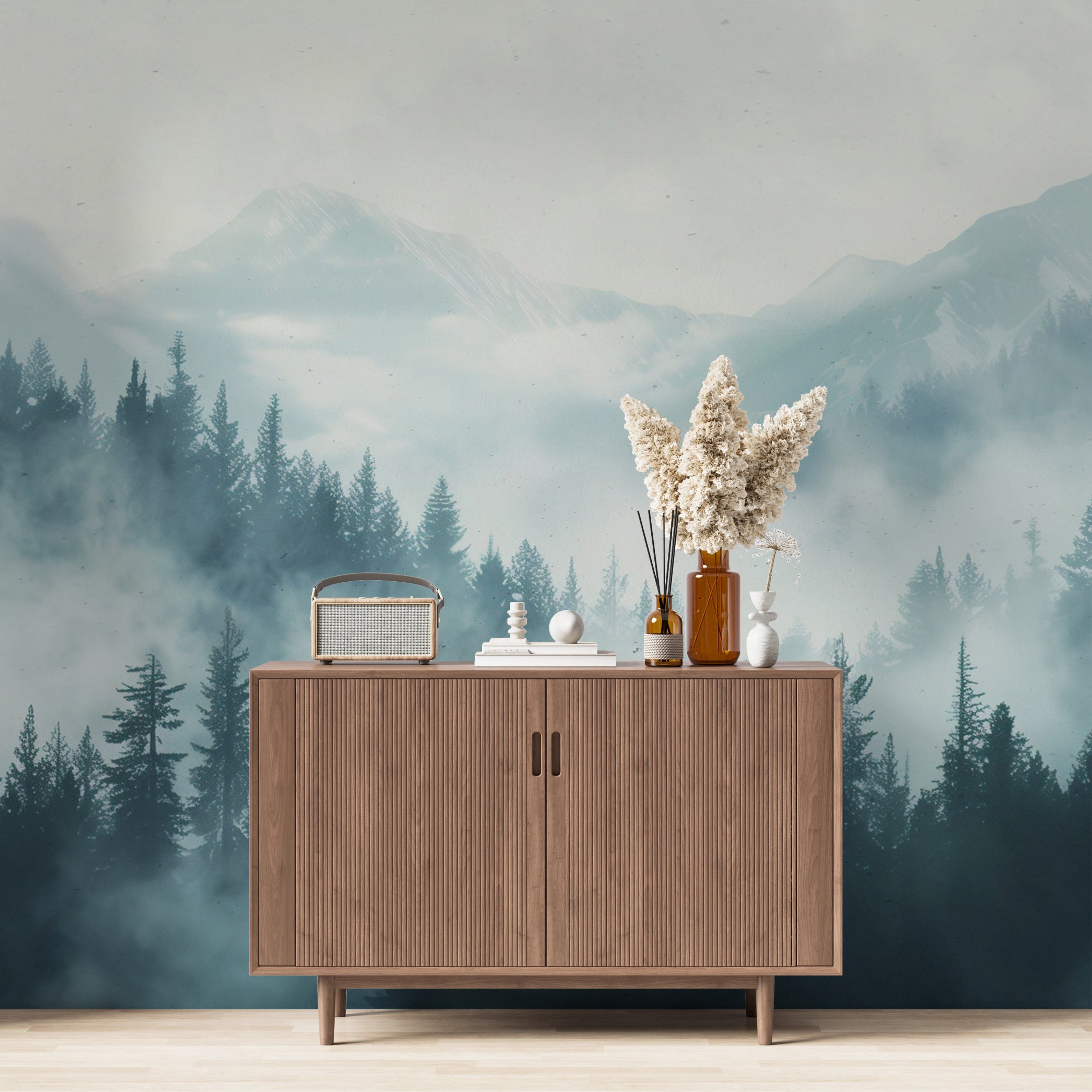 Watercolor Blue Forest and Mountains Mural, Peel and Stick Pine Forest Wallpaper, Soft Blue Nursery Removable Nature Wall Decor