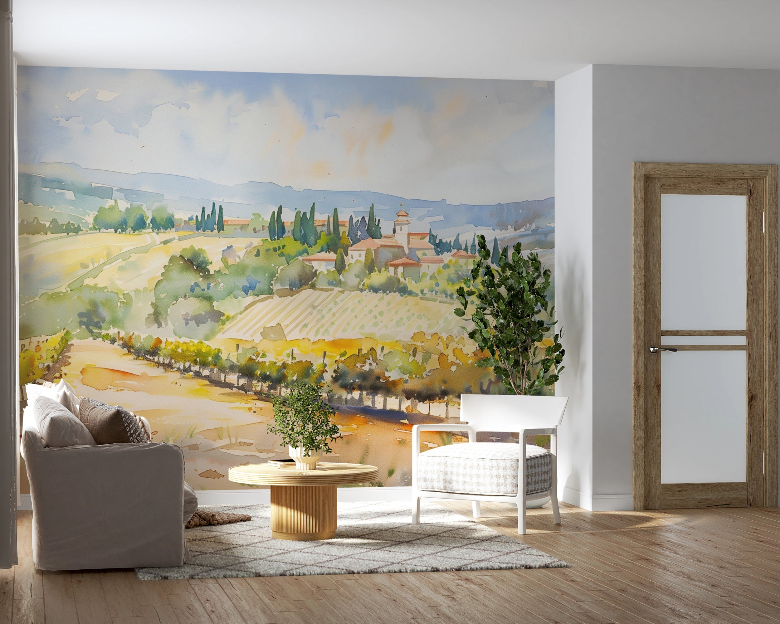 Watercolor Vineyard Wall Mural, Peel and Stick Italian Landscape Wallpaper, Field and House Scenic Removable Mural