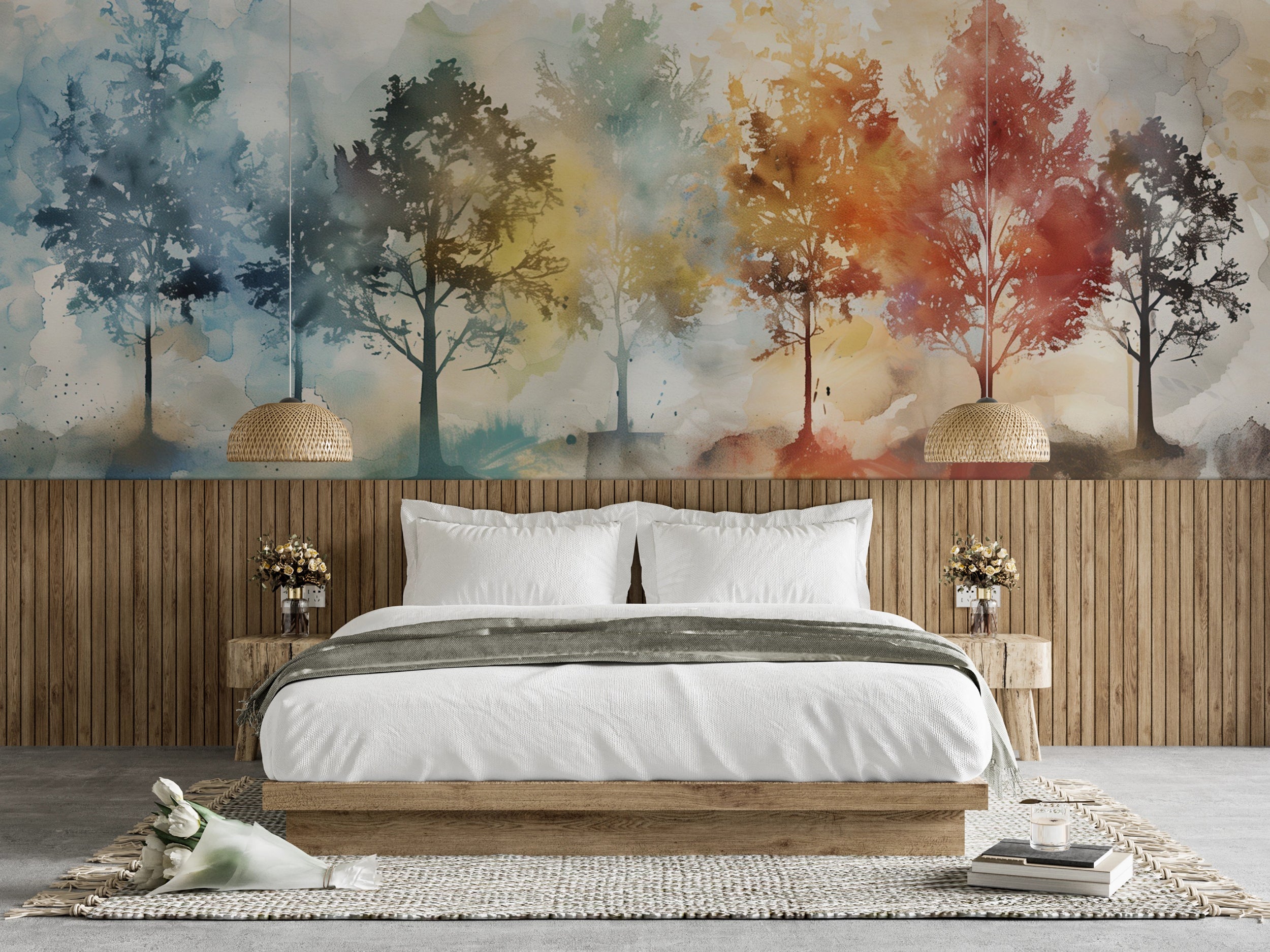 Colorful Trees Mural, Peel and Stick Autumn Forests Wallpaper, Watercolor Nursery Tree Removable Wall Decor