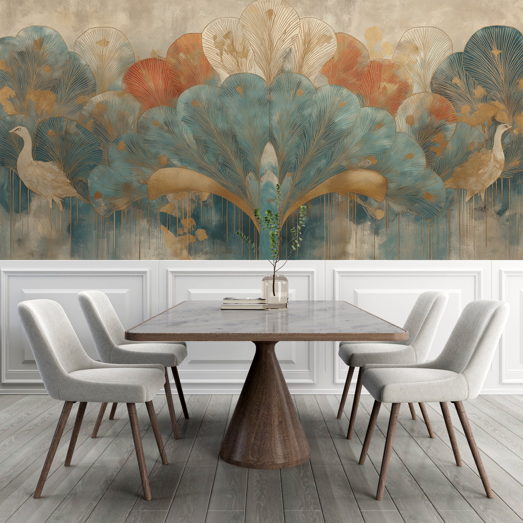 Decorative peacock mural with bold feathers in metallic tones