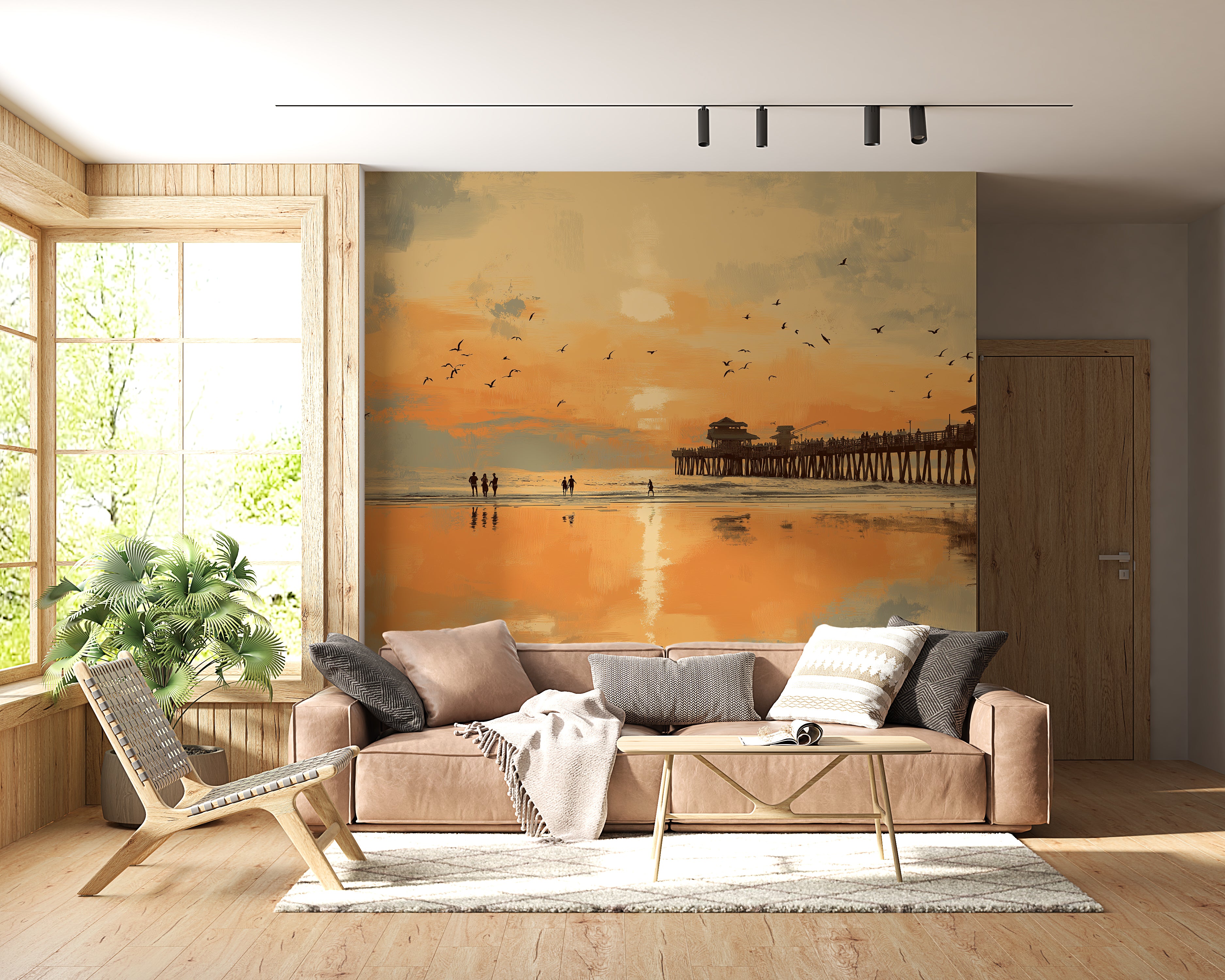 Beach pier wallpaper mural in amber and peach tones