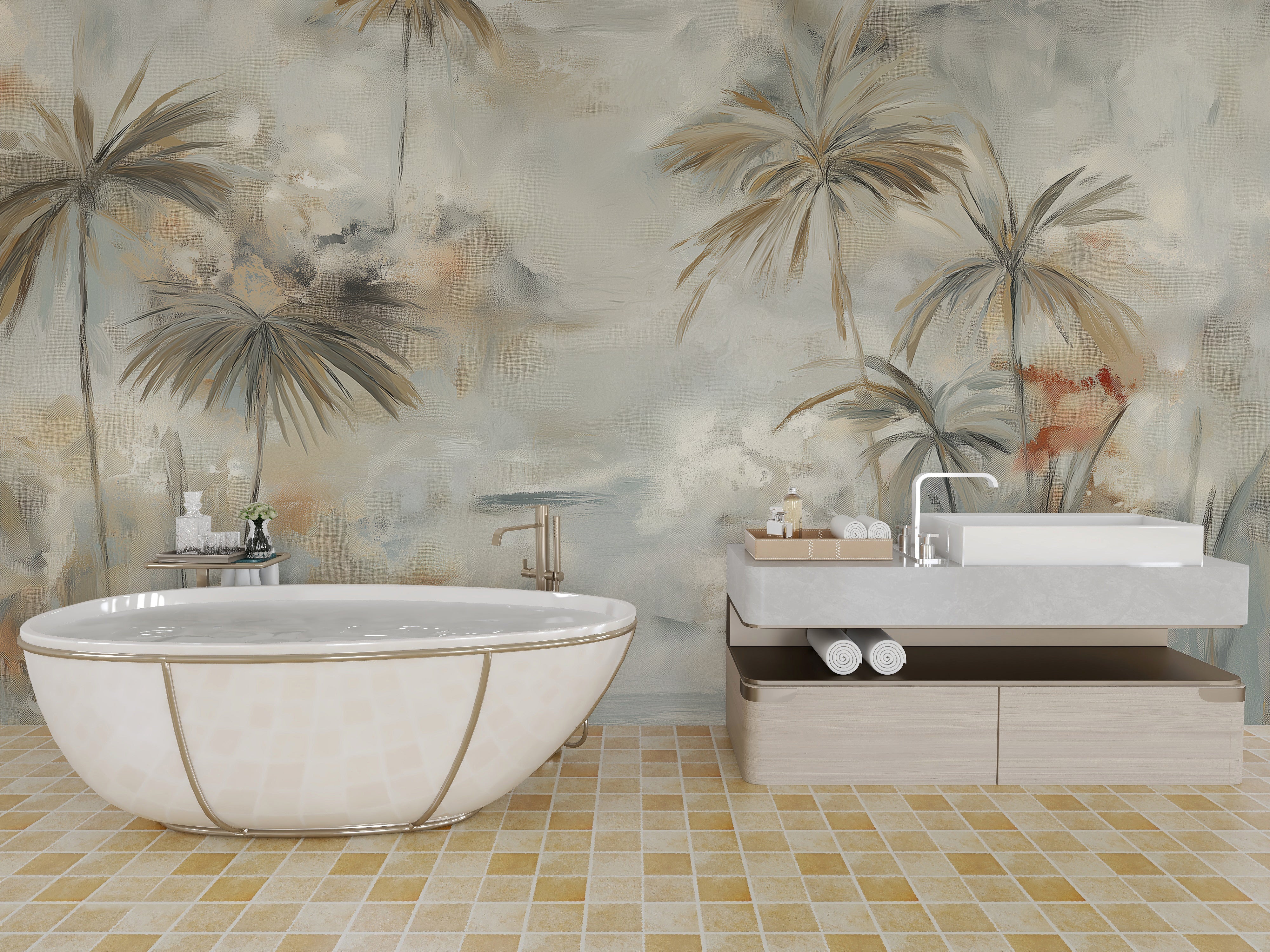 Tropical palm tree wallpaper with coastal tones