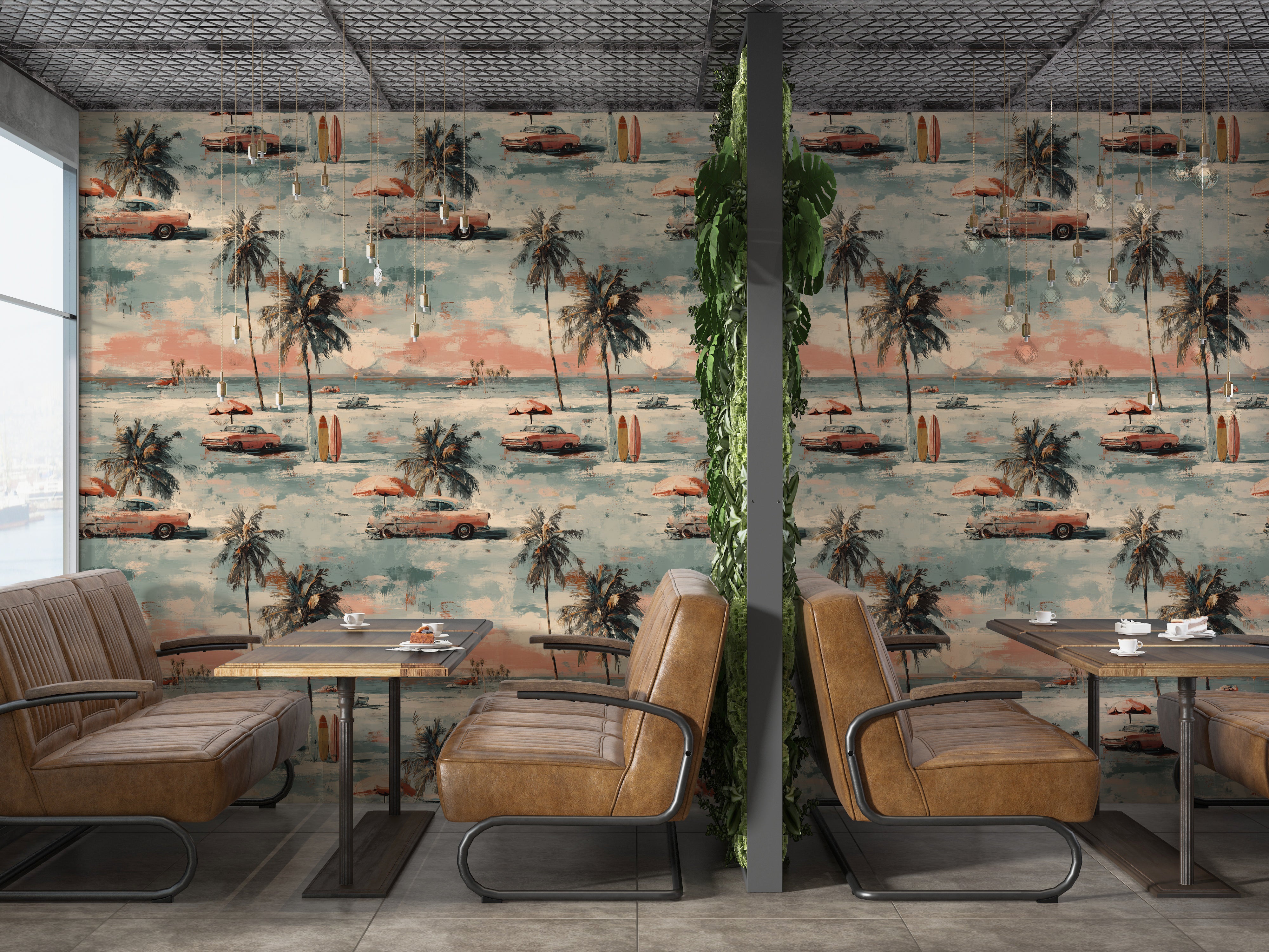 coastal summer scene wallpaper in vintage painterly style