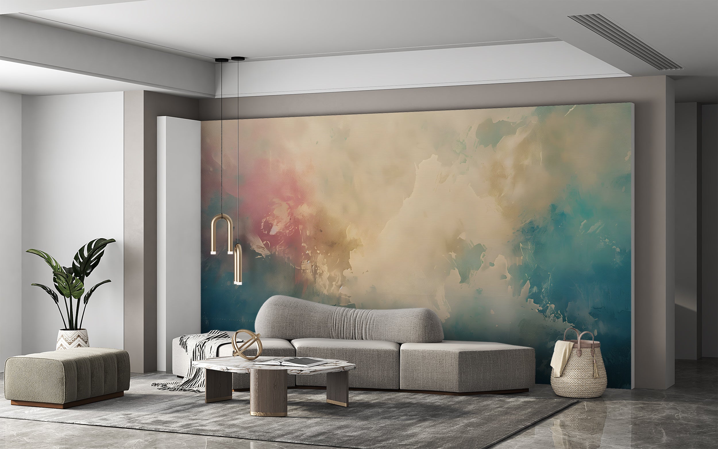 Abstract Art Wall Mural, Peel and Stick Plaster Design Wallpaper, Beige and Blue Abstract Accent Wall Decor, Watercolor Removable Art