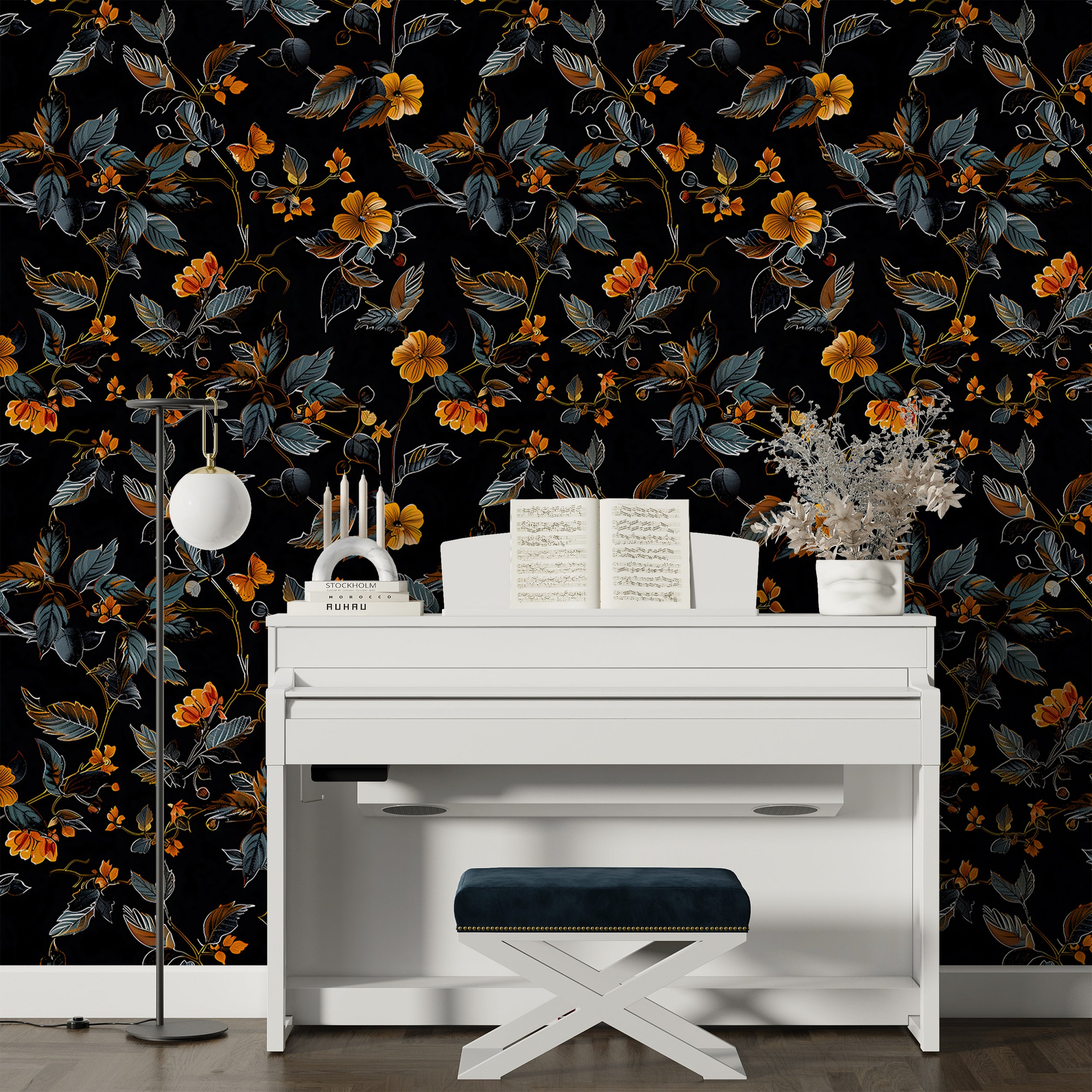 Abstract Dark Floral Wallpaper, Black and Orange Botanical Wallpaper, Peel and Stick Orange Flowers Wall Decal, Removable Floral Decor