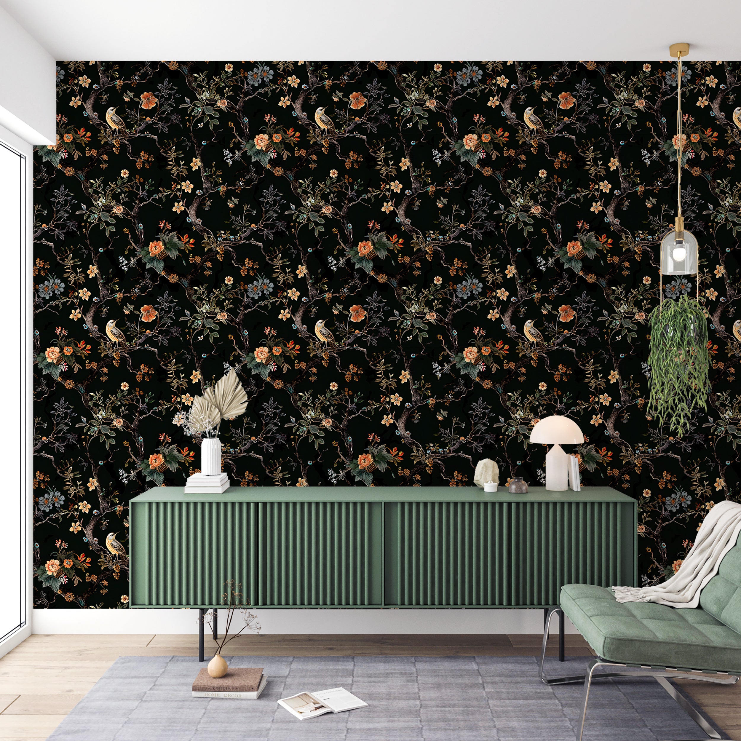 Dark Chinoiserie Wallpaper, Peel and Stick Flowers Decal, Birds and Flowers Removable Wallpaper, Black Botanical Wall Art
