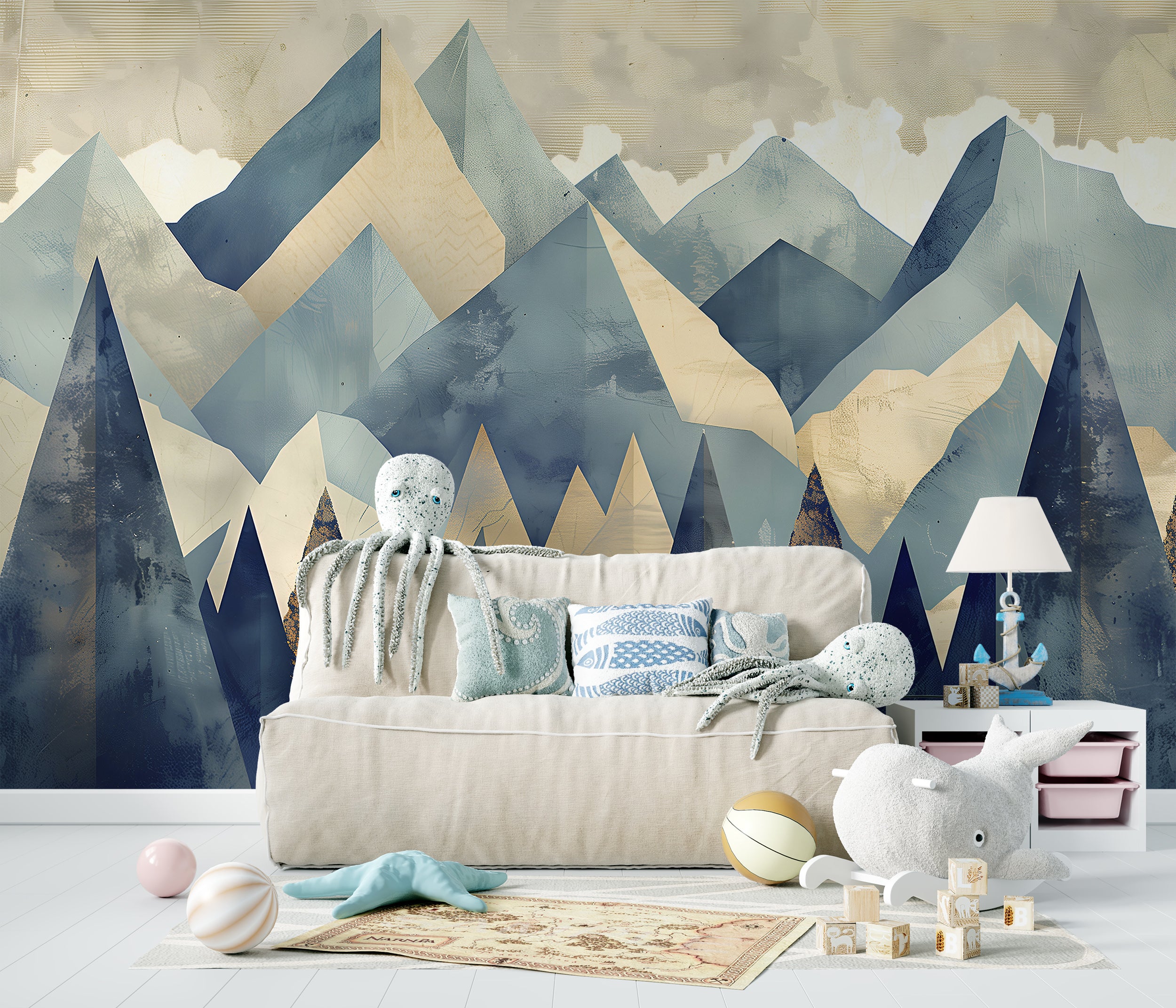 Mountains in Cubism Style Mural, Peel and Stick Abstract Landscape Mural, Blue & Beige Pastel Colors Mountains and Forest Wallpaper