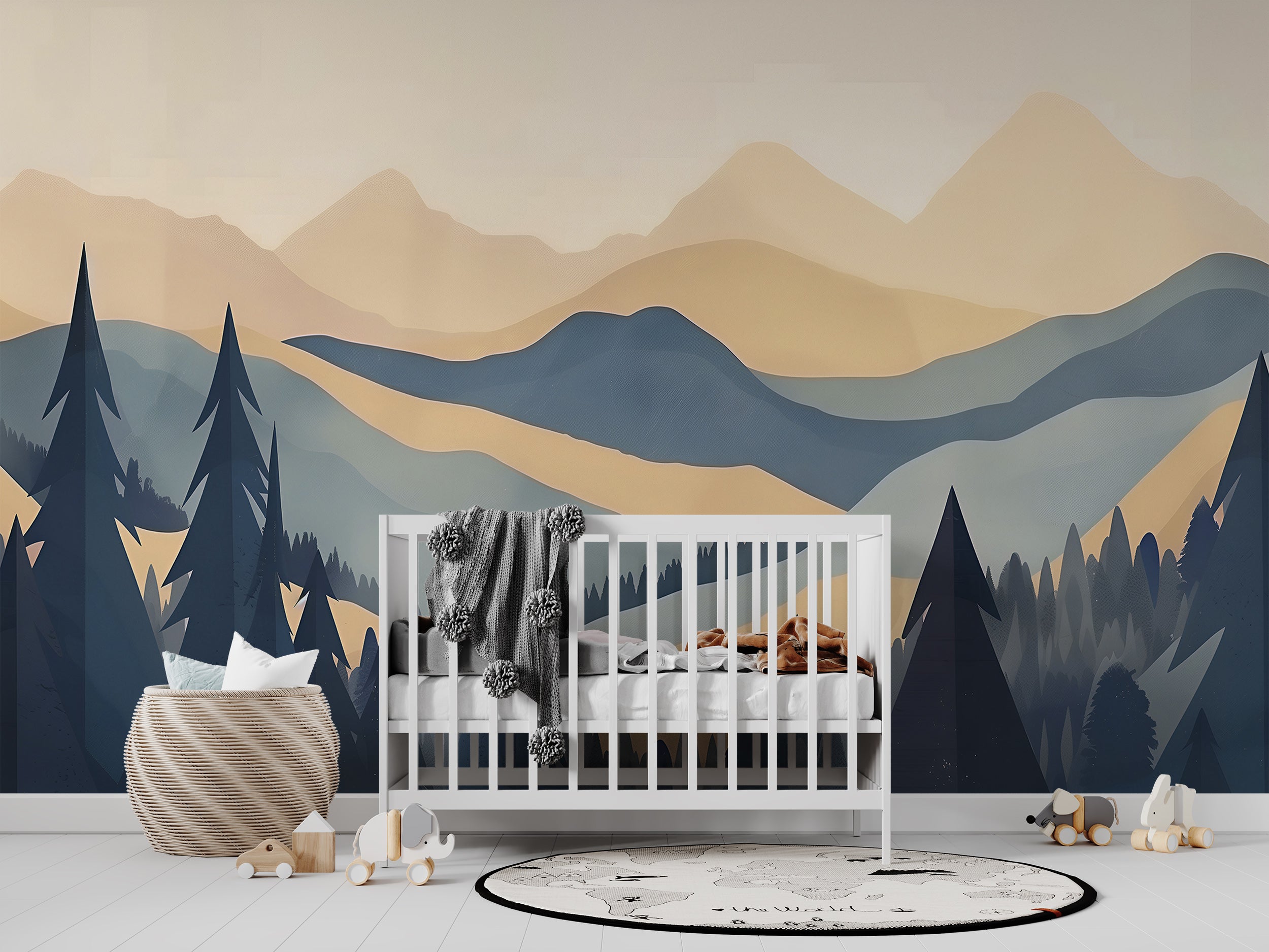 Boho Mountains and Forest Mural, Peel and Stick Landscape Mural, Beige and Blue Nature Wallpaper, Soft Watercolor Mountains Decor