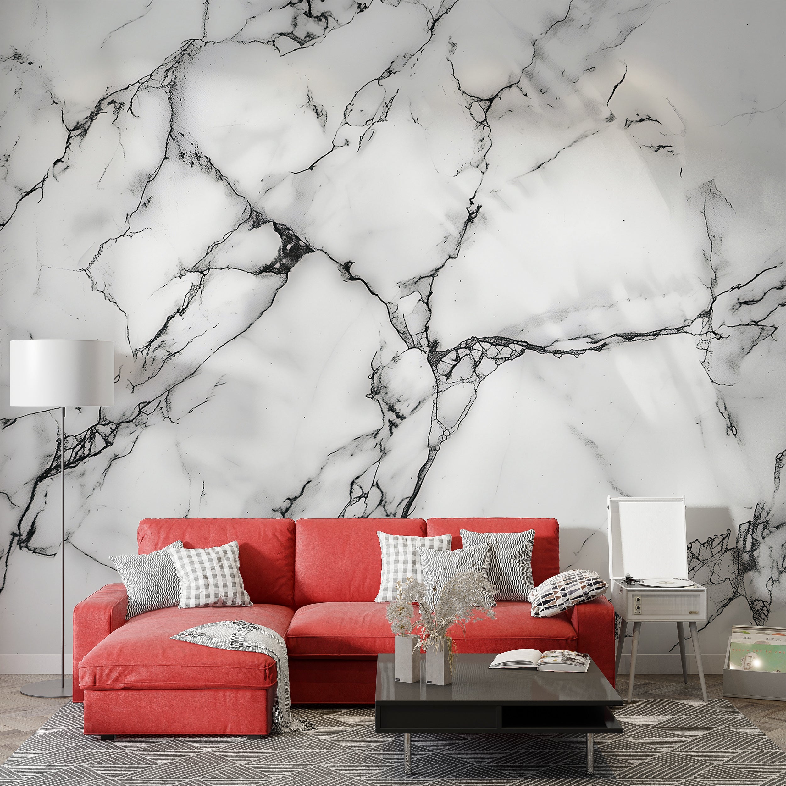 Black&White Marble Mural, Self-adhesive Natural Marble Wallpaper, Stone Texture Mural, Removable White Marble with Black Lines Decor