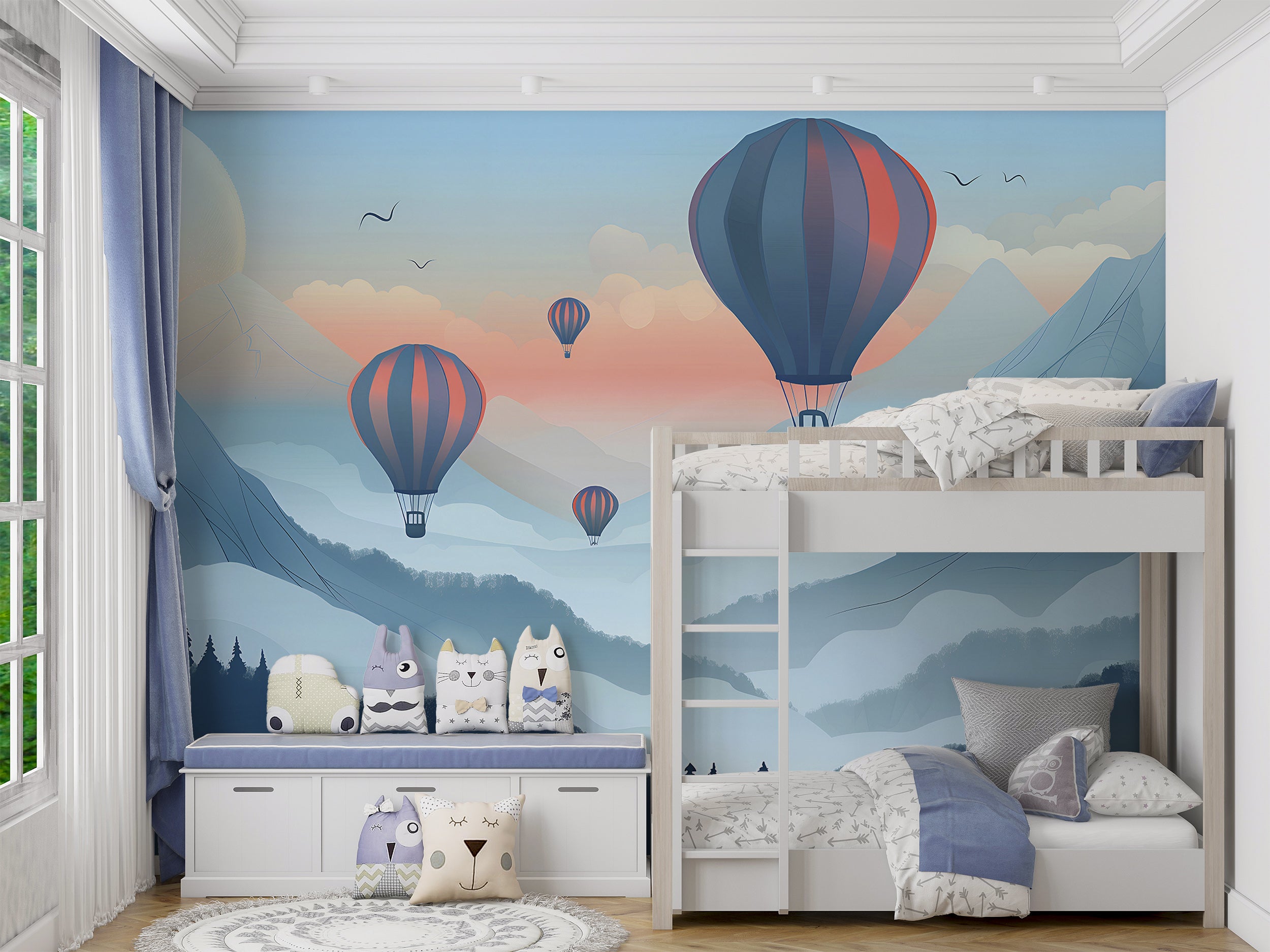 Watercolor Blue Mountains Mural, Hot Air Balloons Mural, Peel and Stick Nursery Landscape Wallpaper, Hot Air Balloons Kids Room Decor