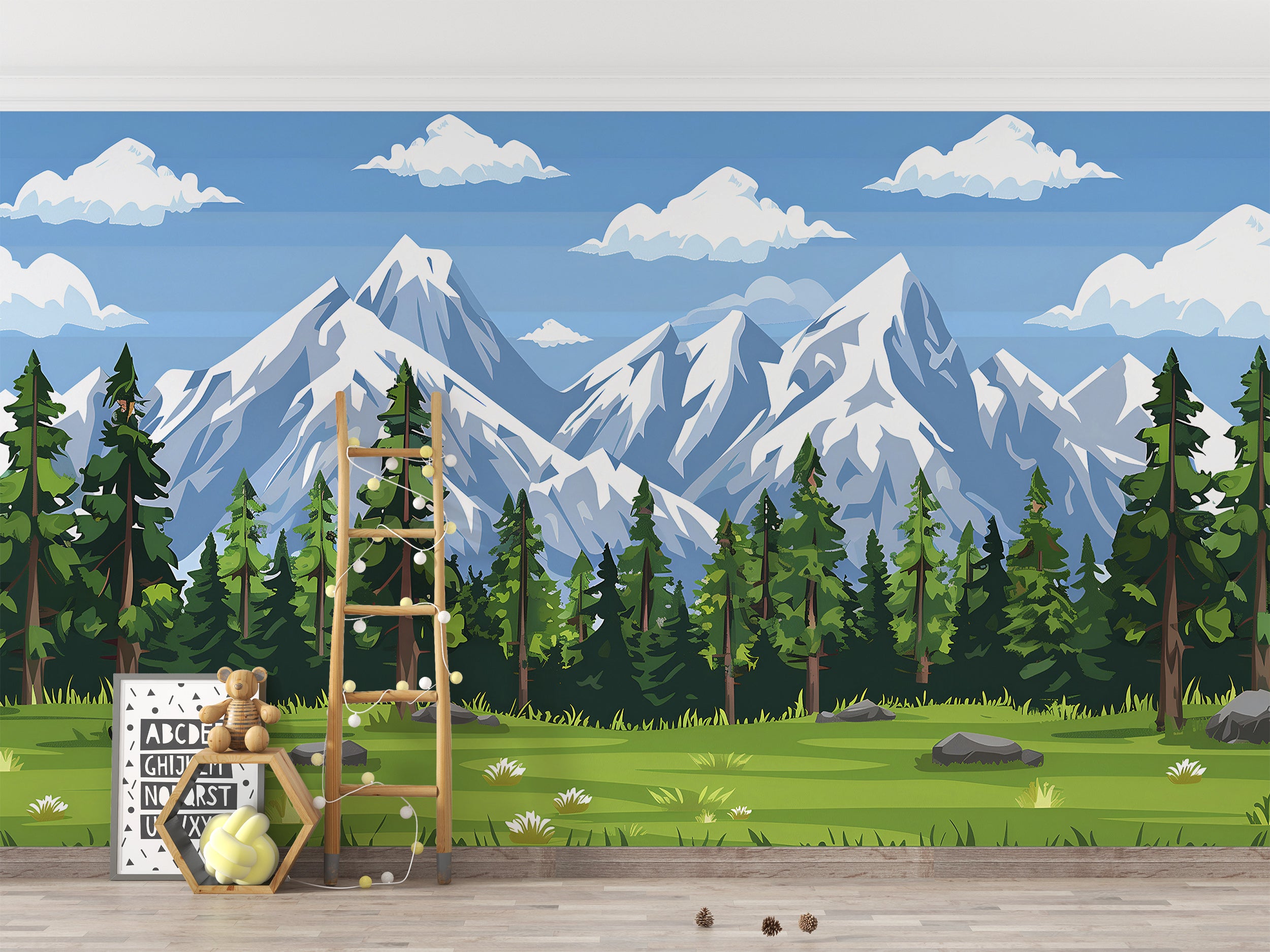 Colorful Nursery Landscape Mural, Kids Room Accent Wall Cartoon Style Nature Mural, Peel and Stick Mountains and Forest Wallpaper