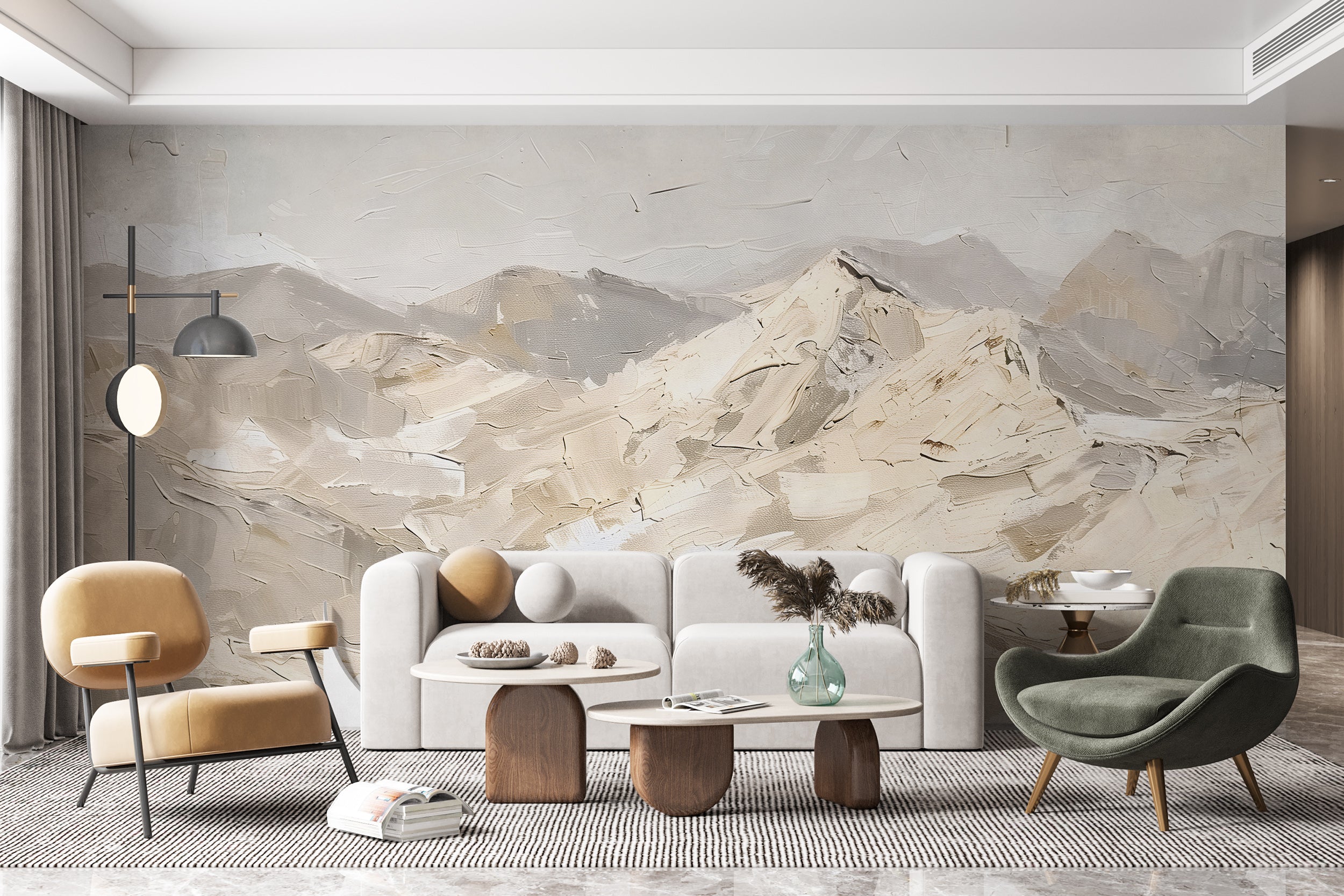 Beige Mountains in Palette Knife Style Mural, Abstract Peel and Stick Landscape Art, Removable Mountains Oil Painting Wallpaper