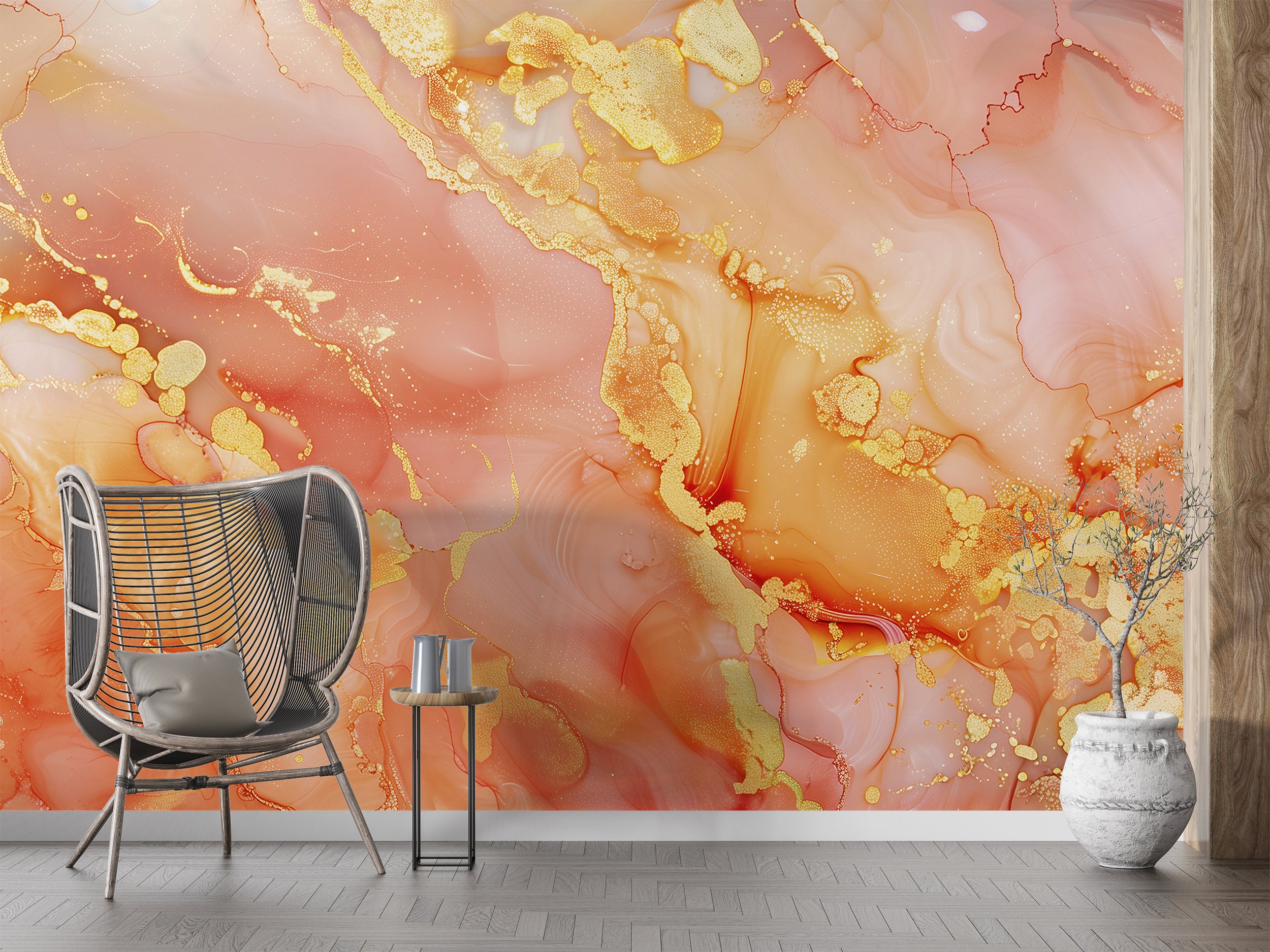 Abstract Peach Color Mural, Pink and Orange Alcohol Ink Mural, Marble Wallpaper, Peel and Stick Accent Wall Modern Decor, Unique Custom Art