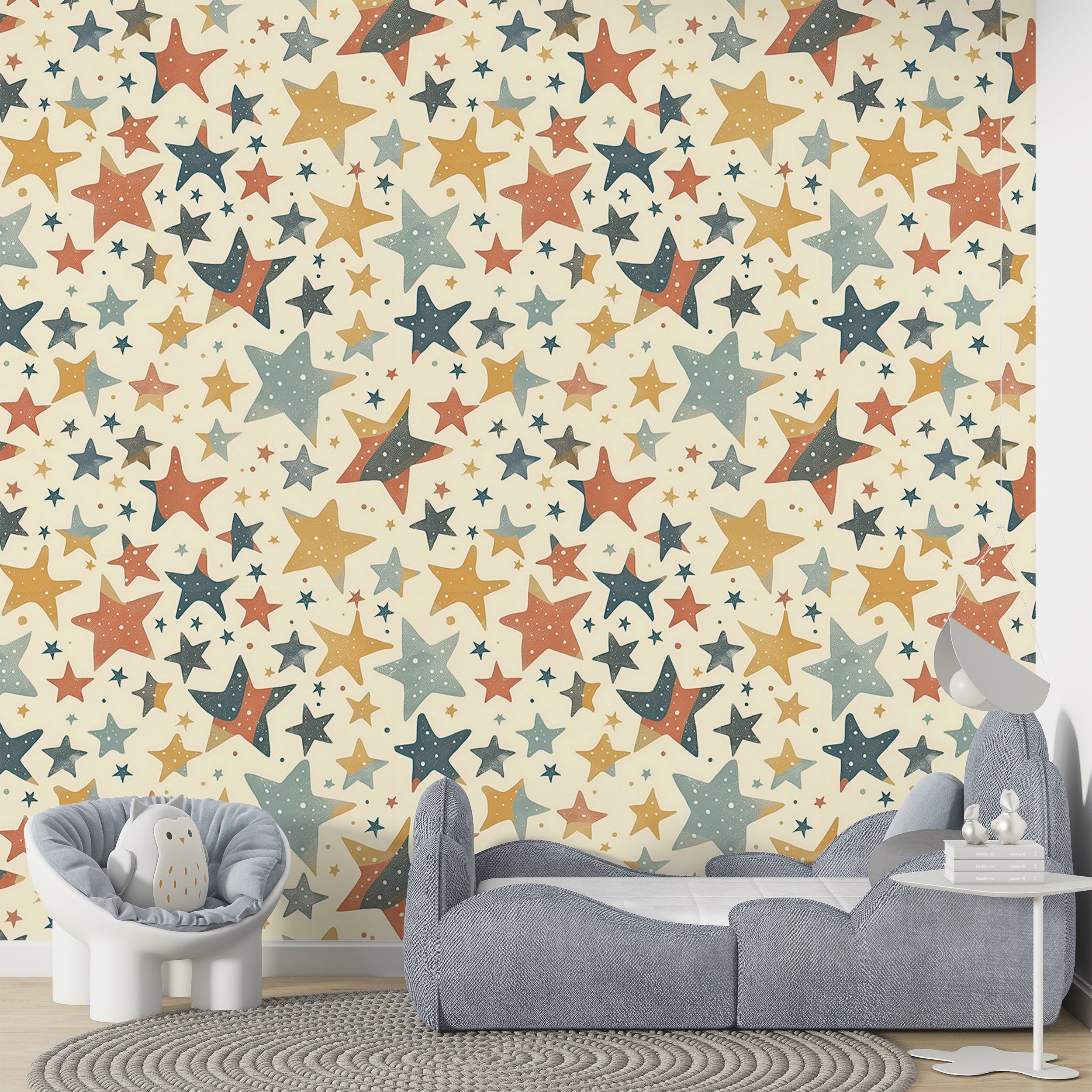 Small and Large Stars Wallpaper, Multicolor Kids Room Stars Wall Decor, Self-adhesive Starry Wallpaper, Beige Nursery Star Pattern Decal
