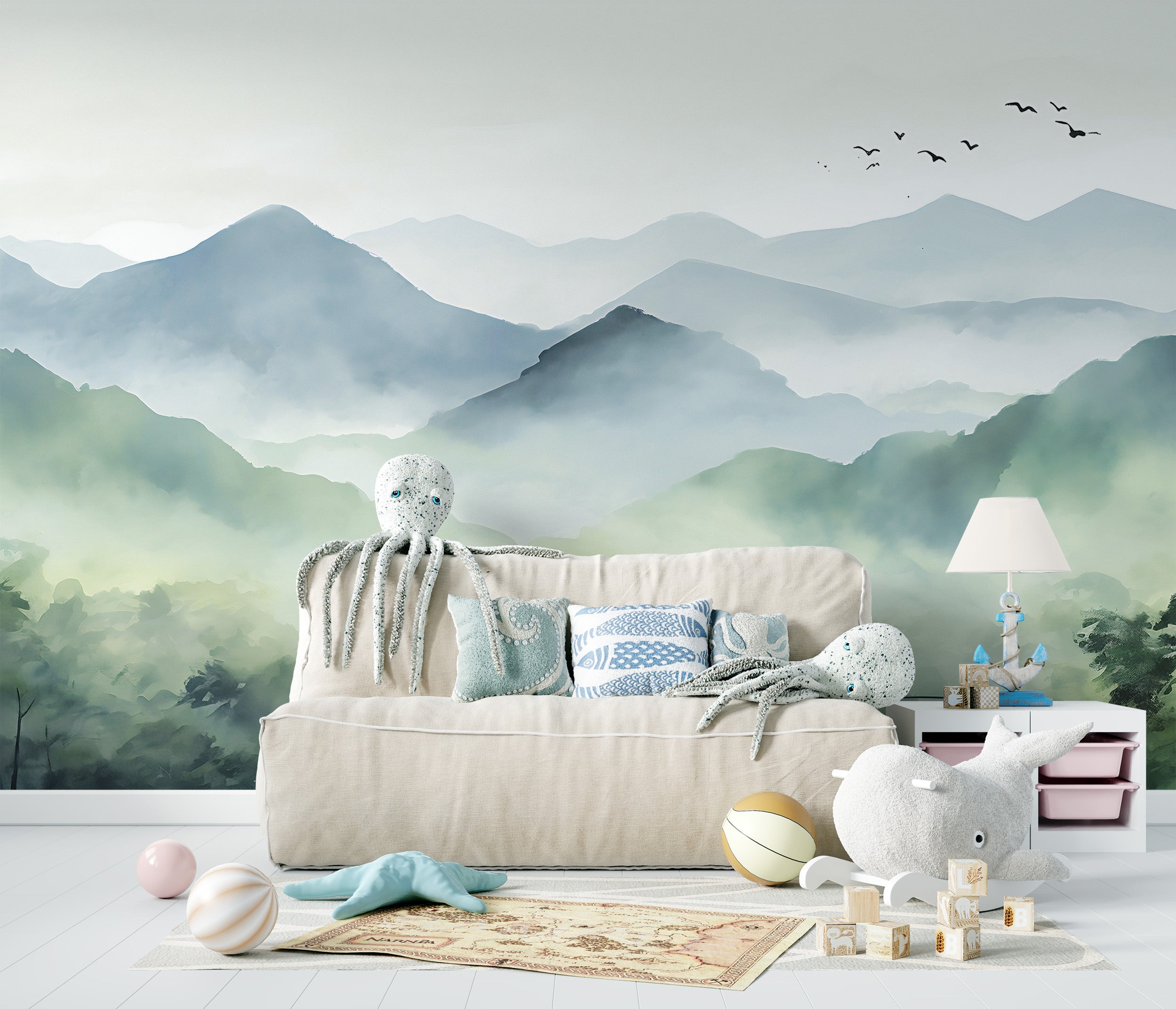 Watercolor Kids' Room Mountain Mural for Creative Decor