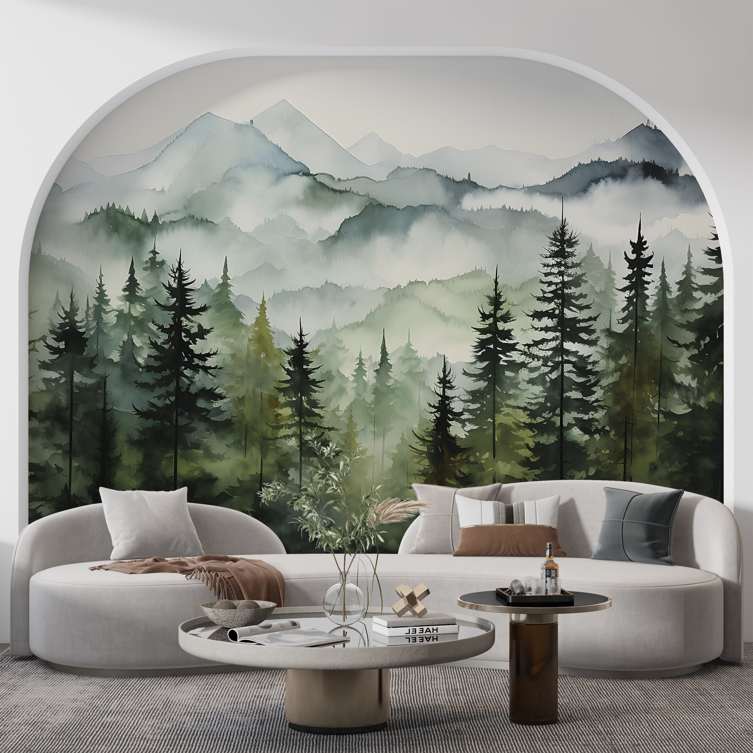 Watercolor Mountains and Forest Wallpaper