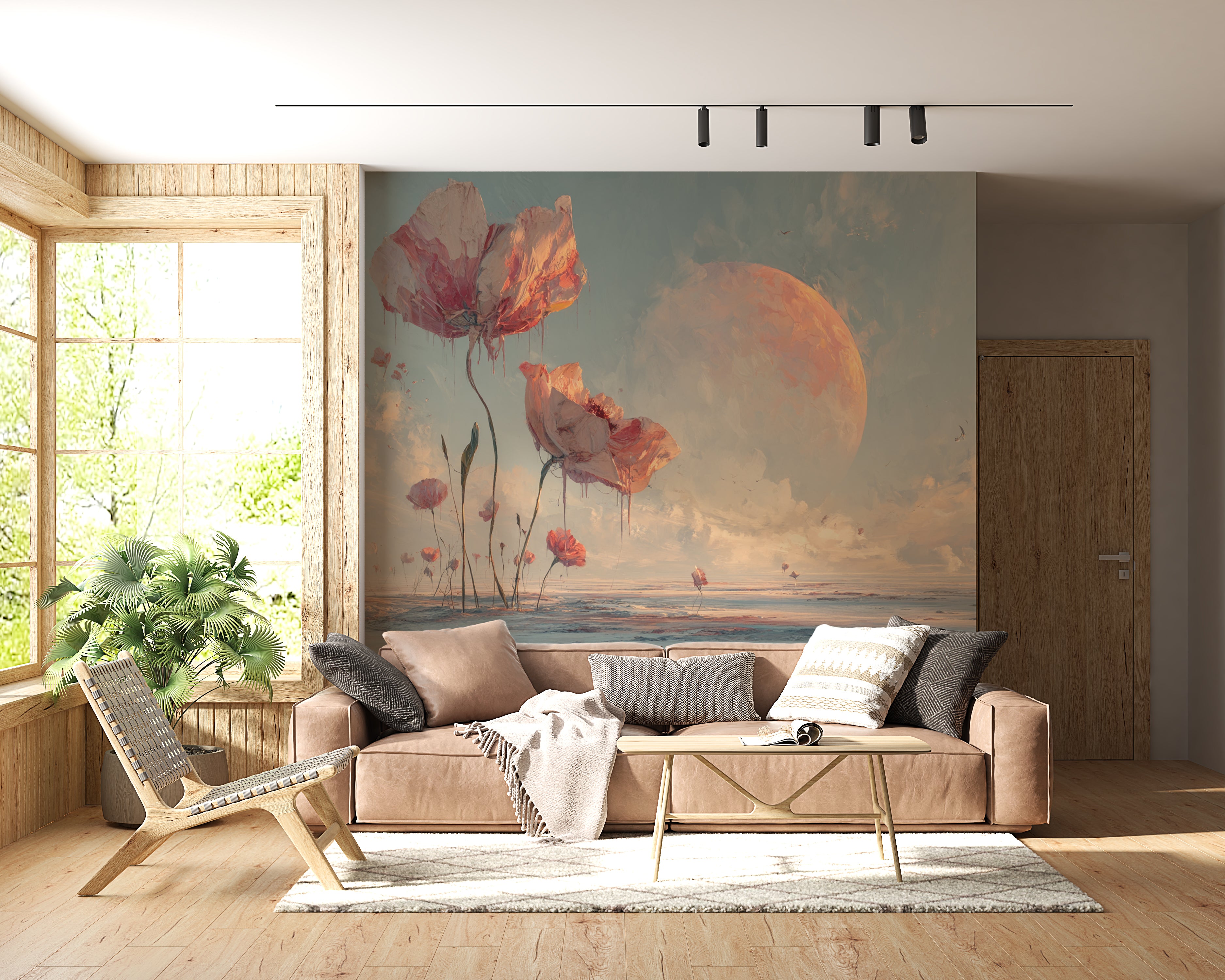 Surreal Floral Wallpaper Mural – Giant Pink Flowers in Dream Desert Landscape with Moon, Fantasy Wall Art for Bedroom or Creative Space