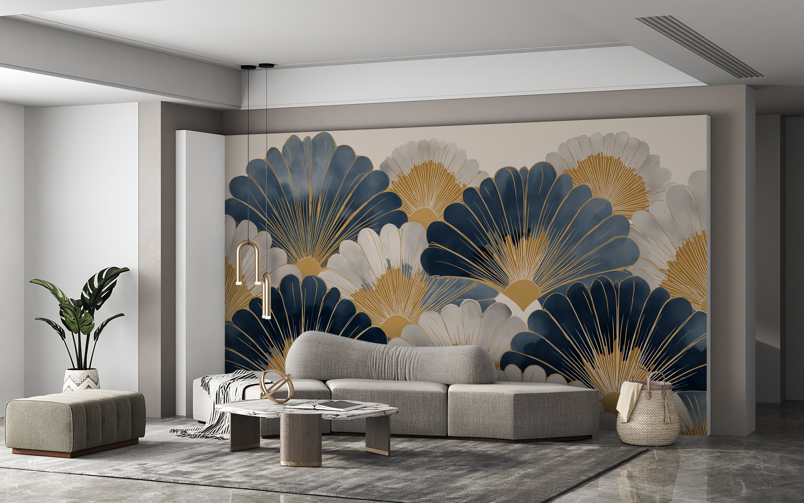 elegant navy and ivory mural
gold detailed art deco print