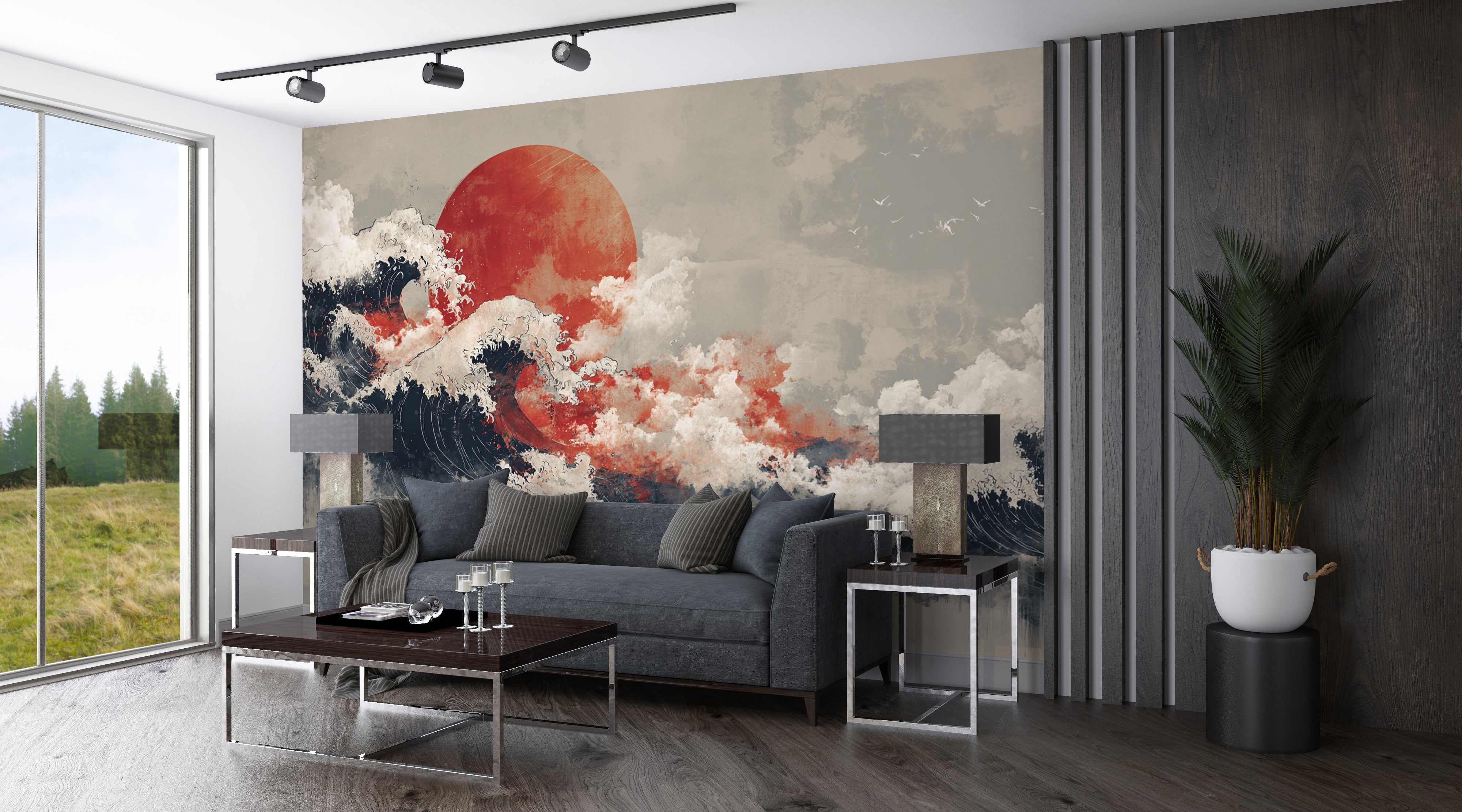 asian brush painting wallpaper
black and red sea mural