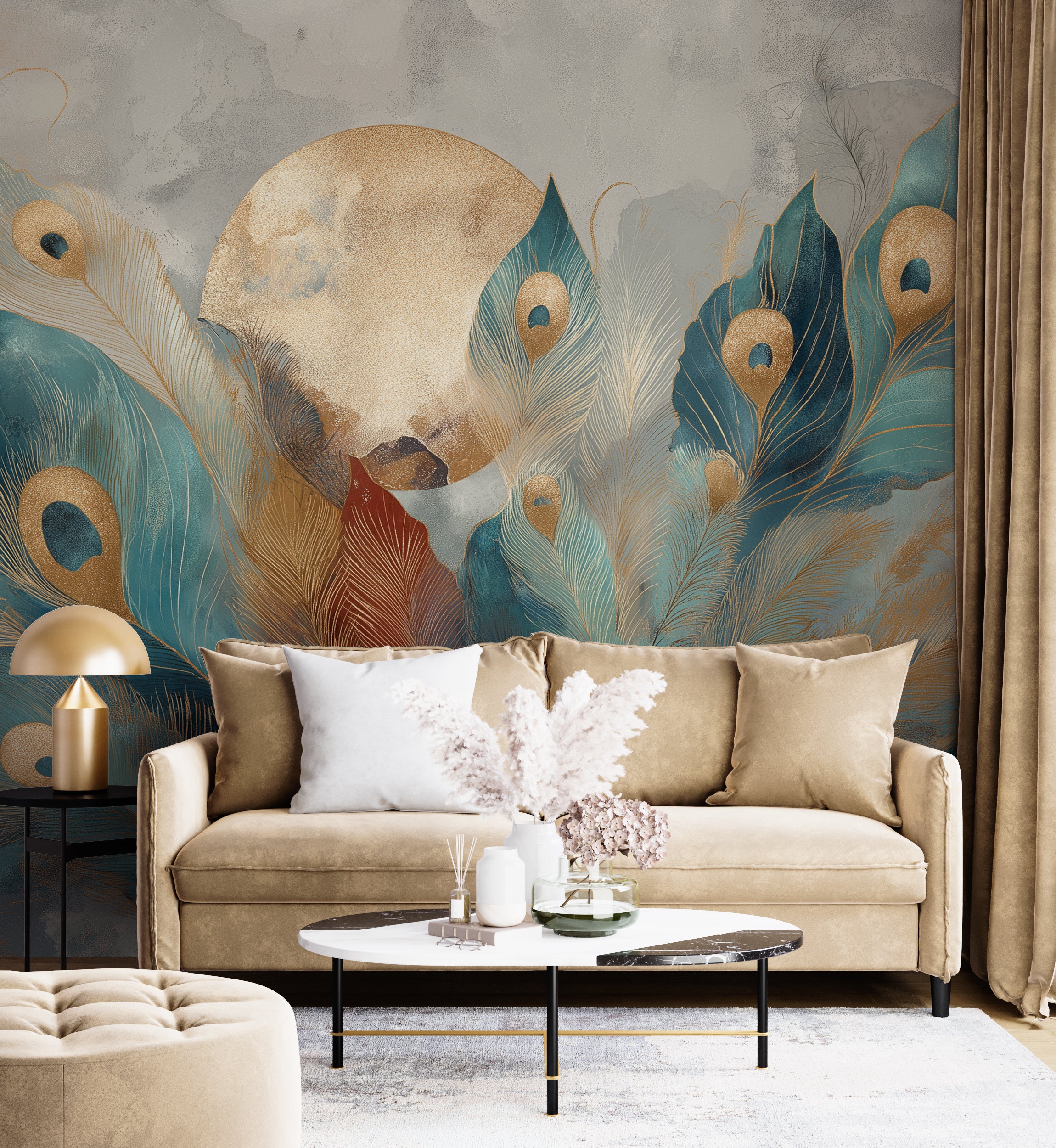 Peacock-inspired wallpaper mural for bedroom decor