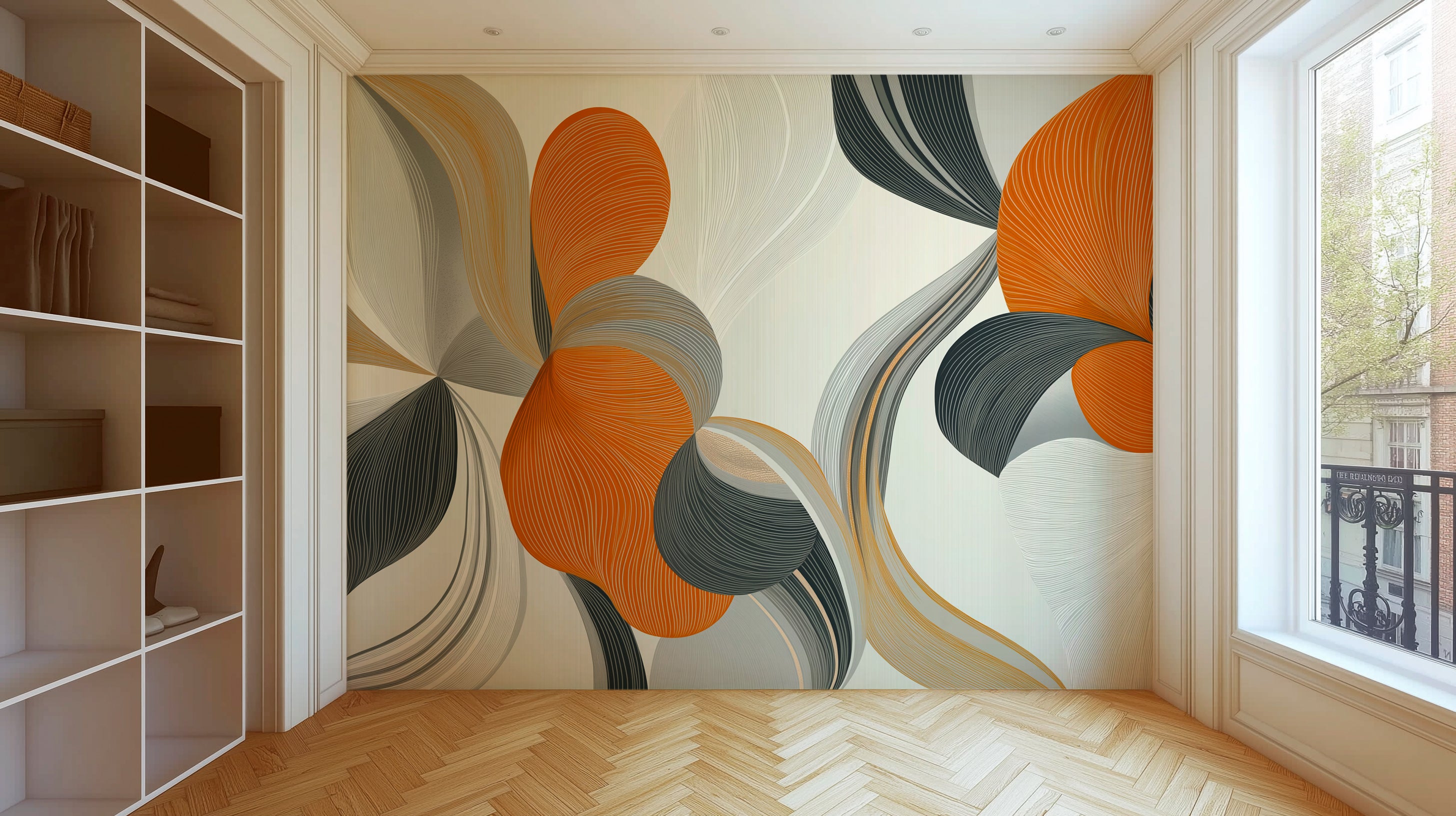 Abstract floral pattern with flowing curved shapes in earthy orange, gray, and beige tones, modern decorative background for design projects