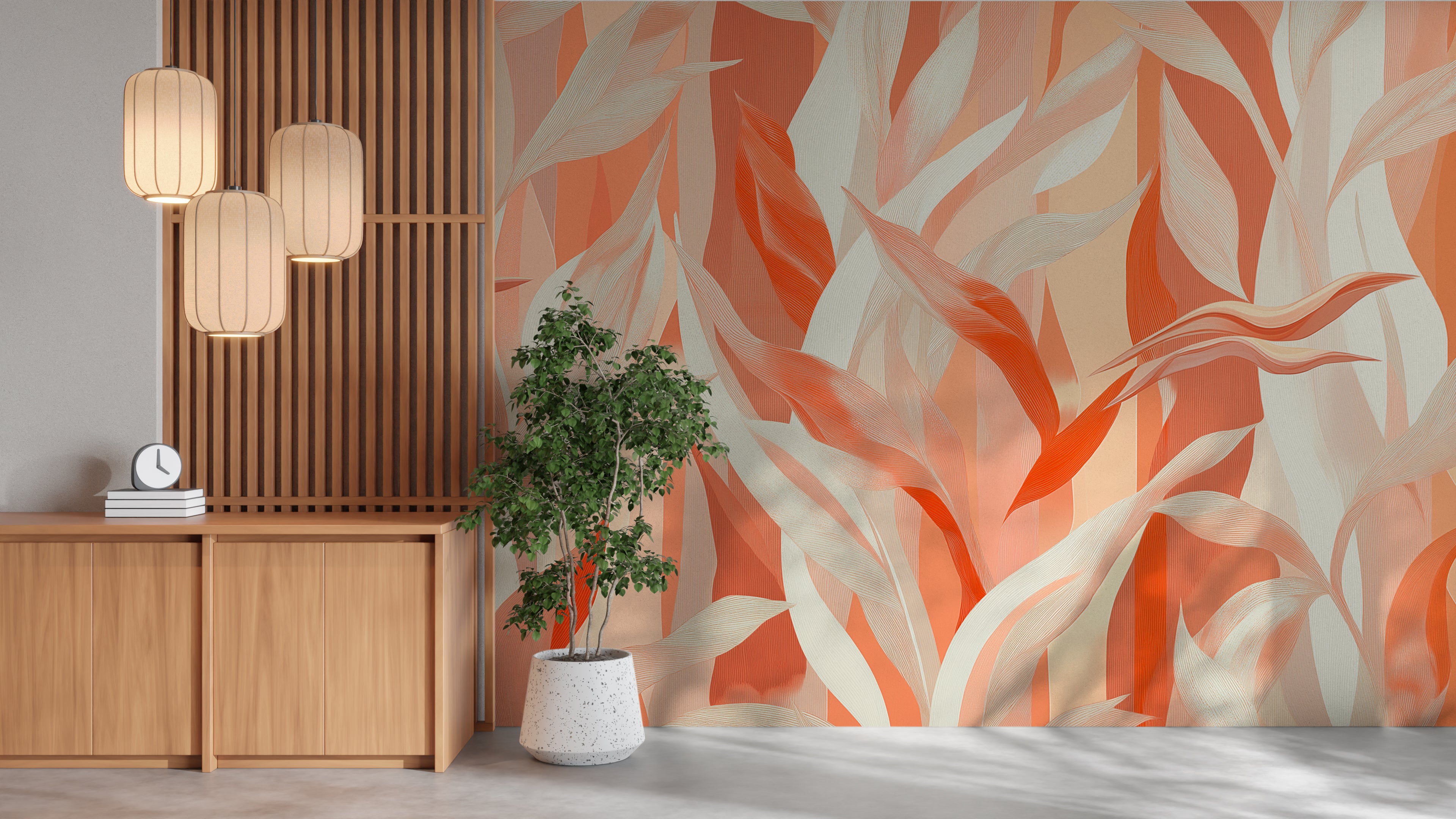 Elegant abstract mural with flowing leaves in warm orange and beige tones, modern nature-inspired background for design and decoration