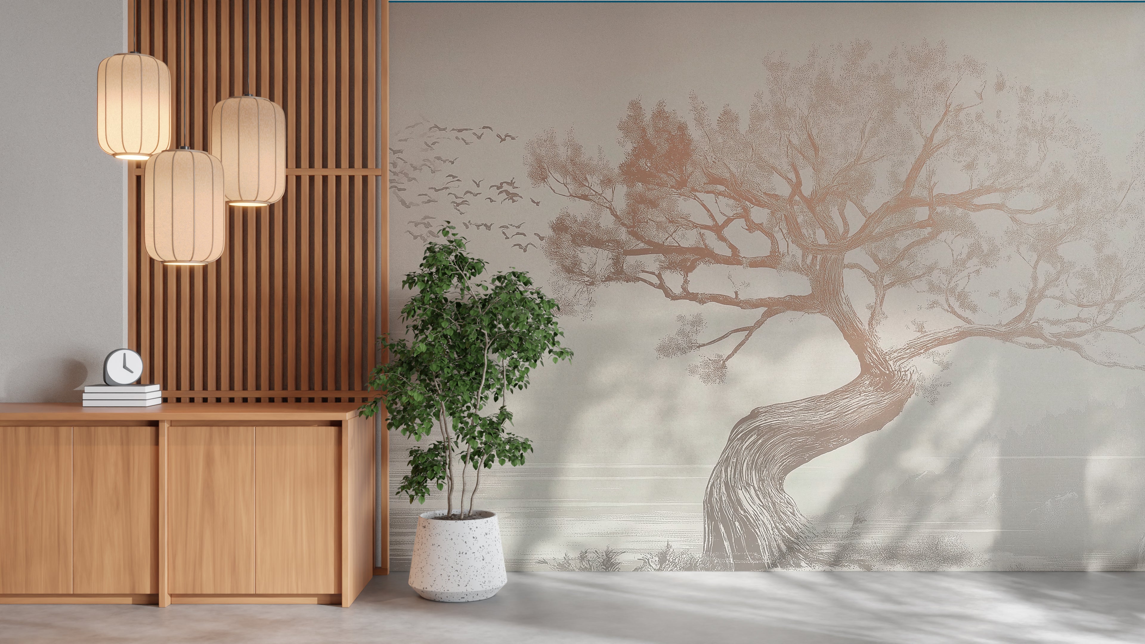 Minimalist mural with landscape with twisted tree and flying birds in soft monochrome tones, serene nature-inspired artwork with Asian aesthetic for decor.