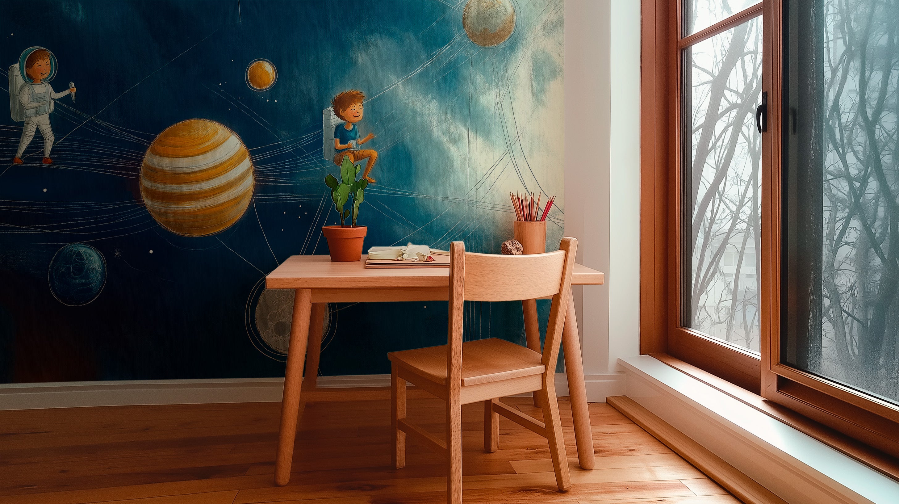 Whimsical space adventure with children exploring planets on cosmic paths, dreamy fantasy illustration of kids traveling through the universe. Mural.