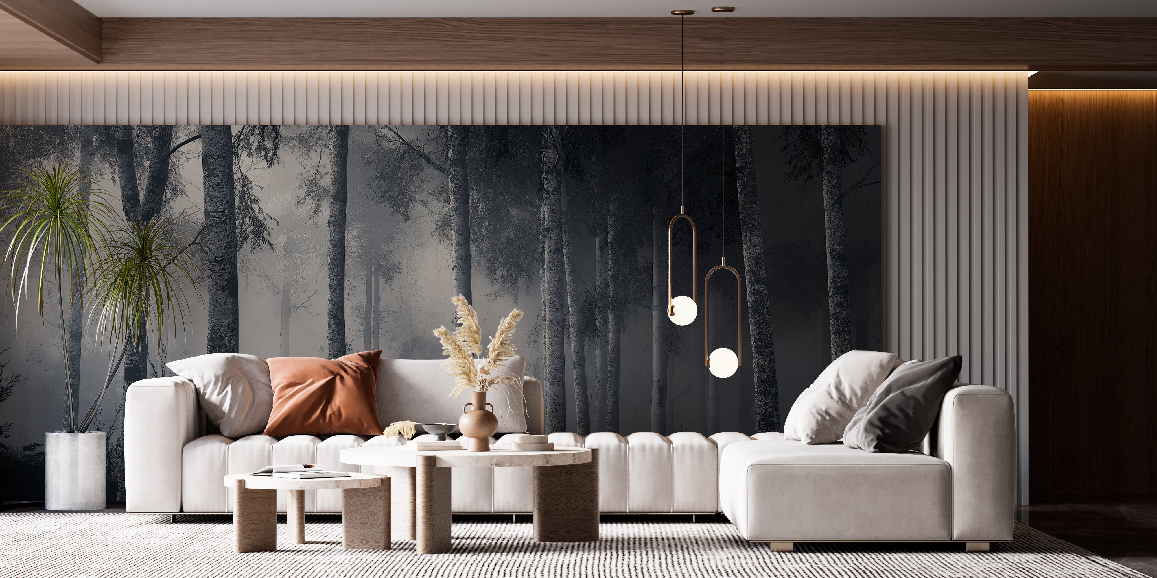 Forest Misty Trees Wallpaper – Nature Wall Decor, Woodland Scene, Black & White Aesthetic