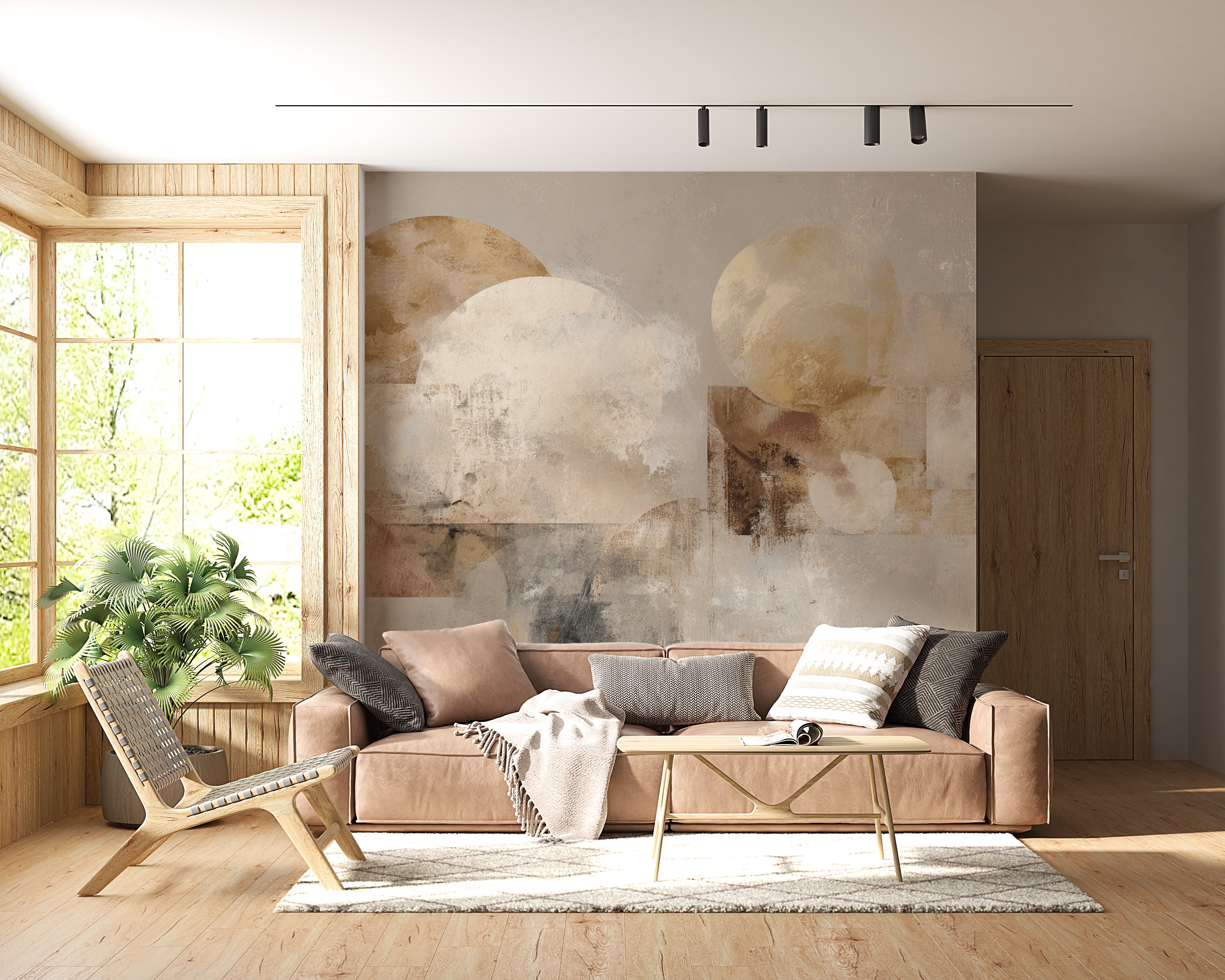 Neutral geometric mural with textured abstract forms in beige and gold