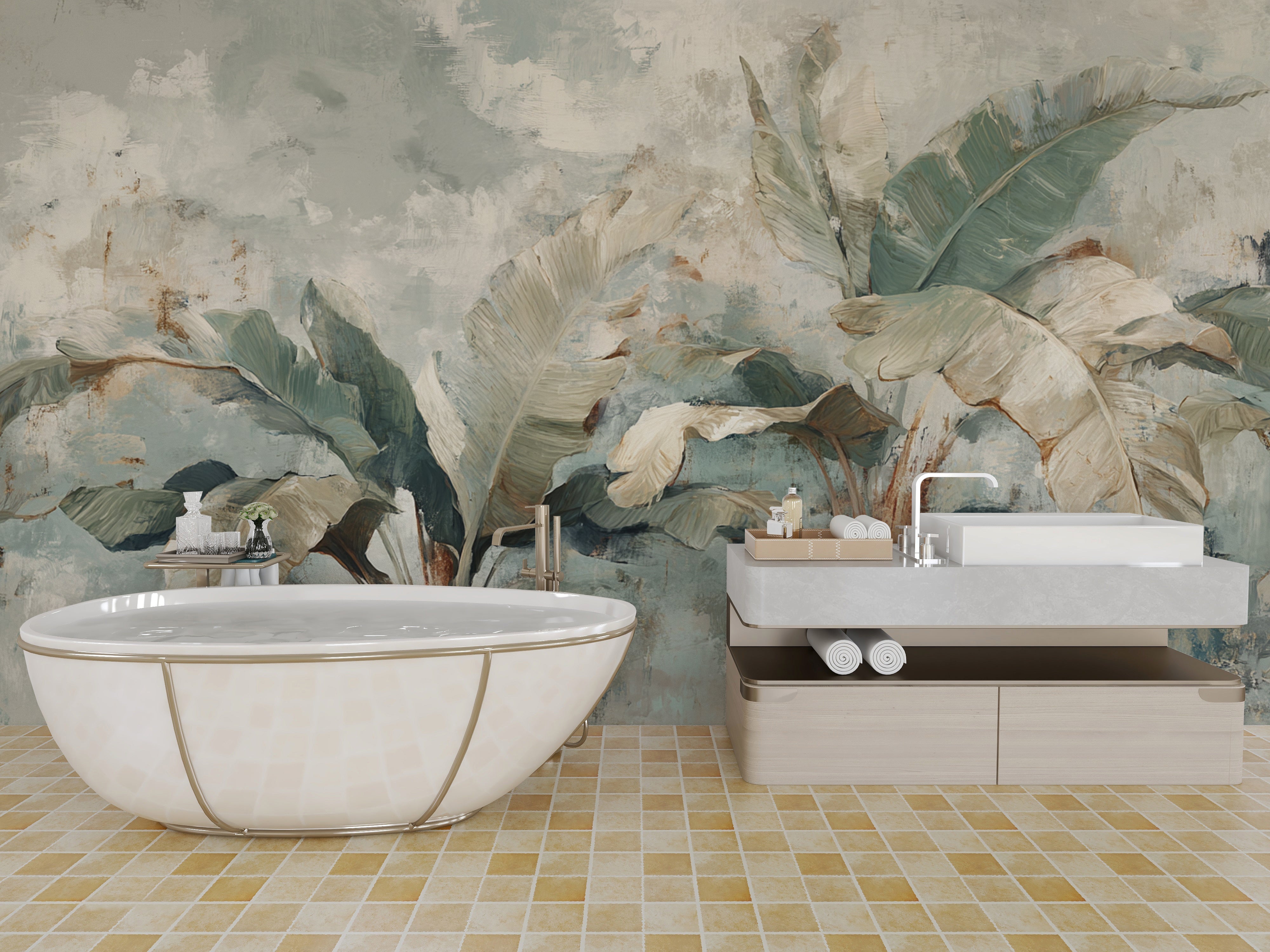 Botanical Wall Mural with Tropical Banana Leaves in Muted Green and Cream for Jungle Inspired Decor