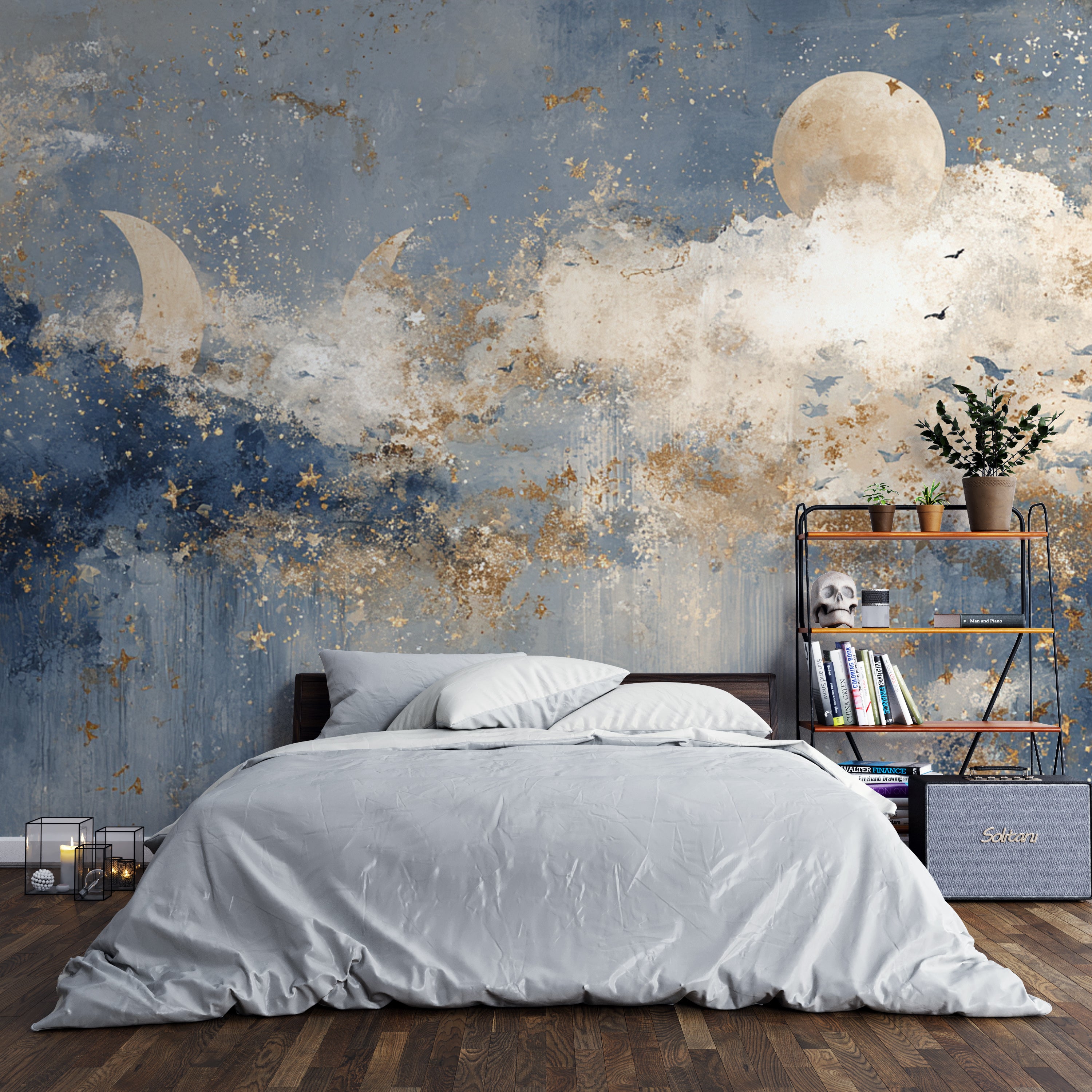 Celestial Wall Mural with Moon Phases Stars and Clouds in Navy Blue and Gold for Nursery or Dreamy Room Decor