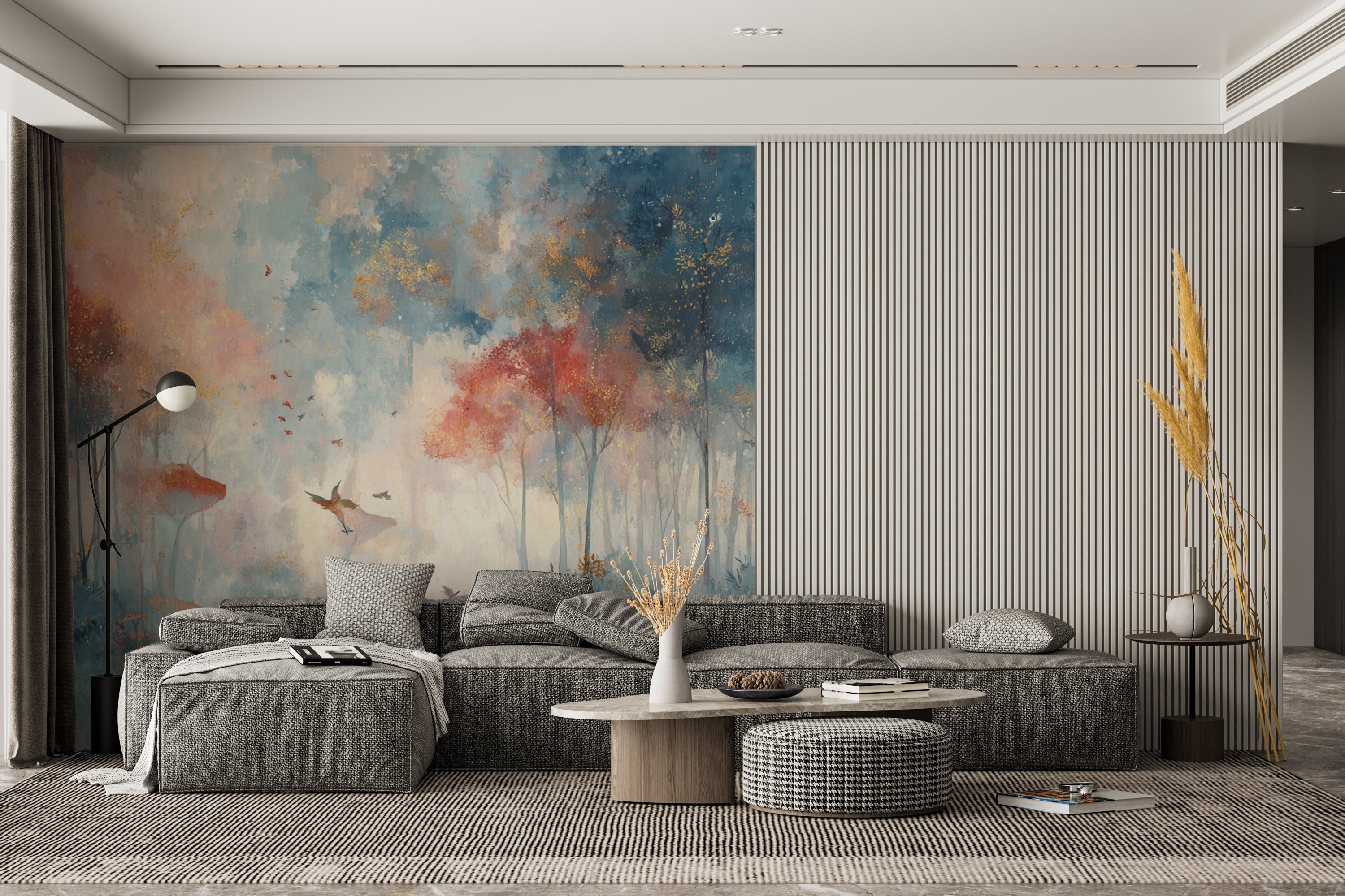 Fantasy Forest Wallpaper Mural – Magical Woodland Wall Art with Birds, Glowing Trees, Dreamy Blue and Coral Colors for Kids or Boho Rooms